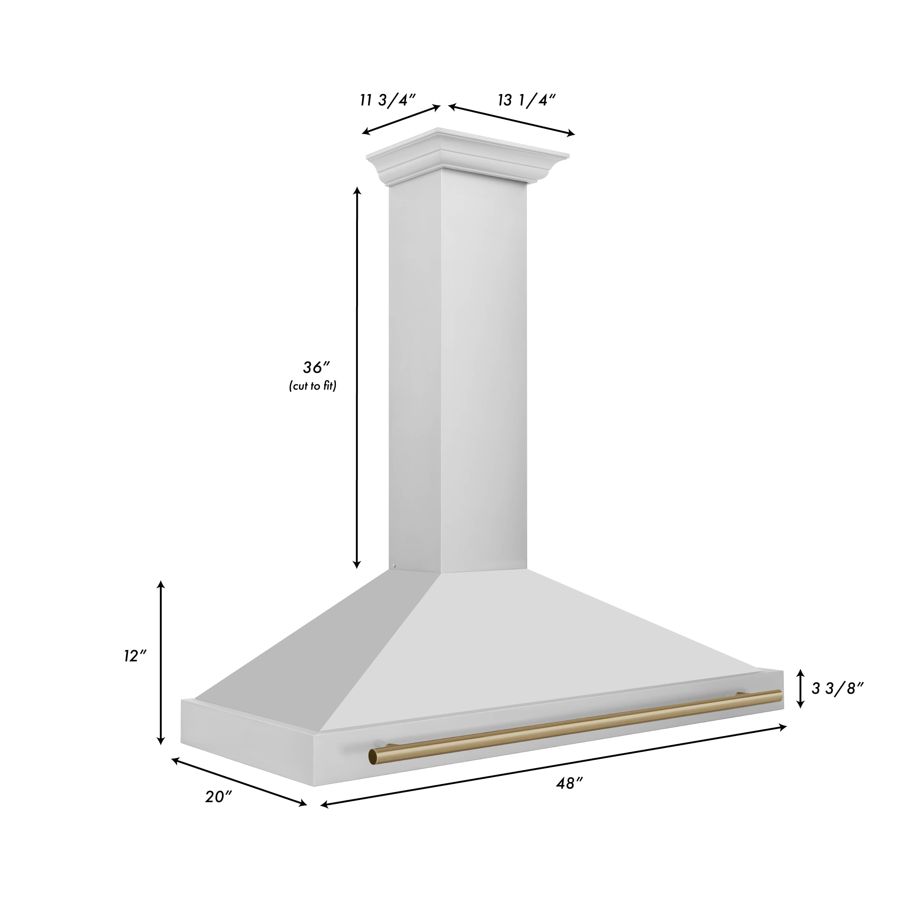 Wall-mounted range hood, white chimney with gold accent trim