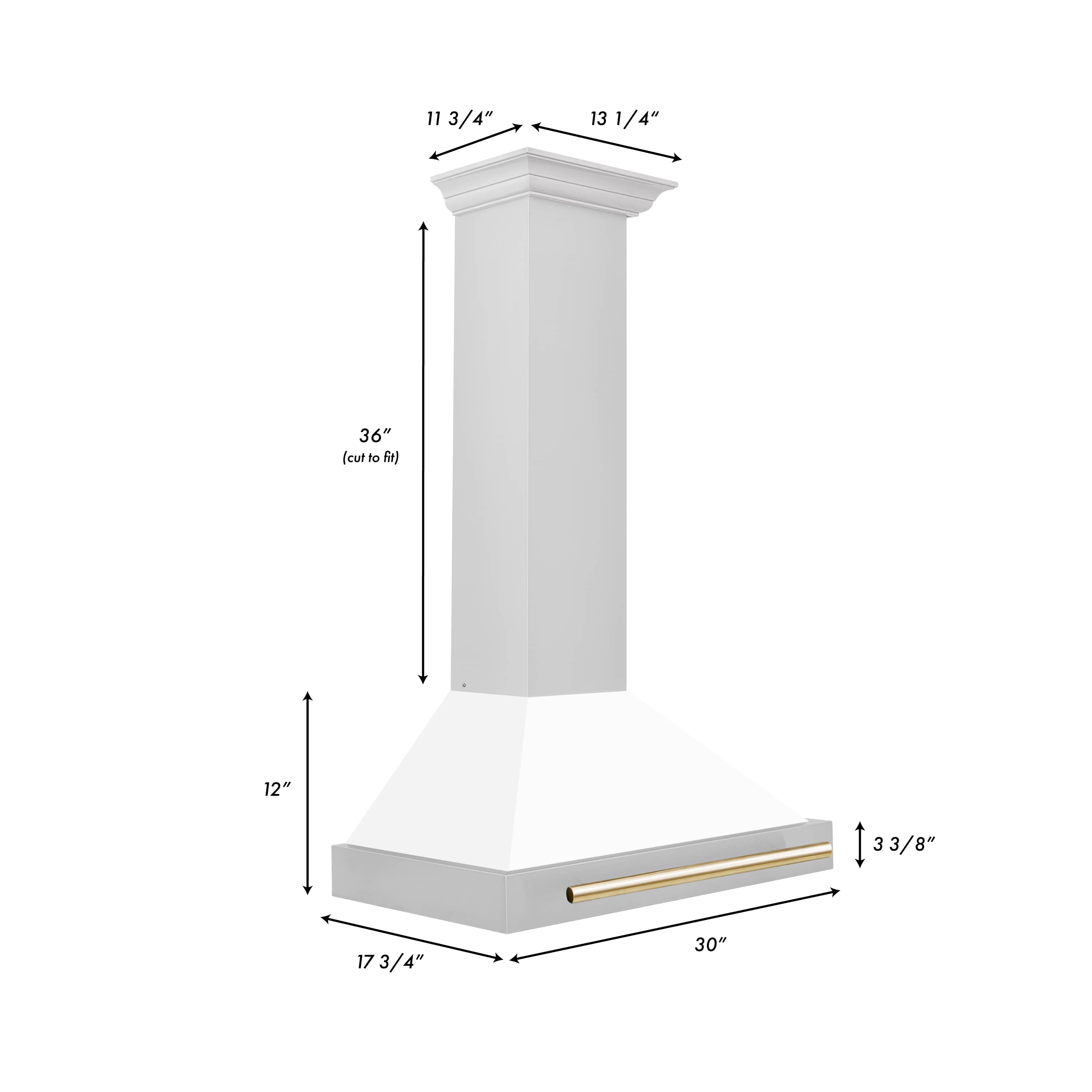 Wall-mounted range hood with white matte shell and gold-accented horizontal vent bar