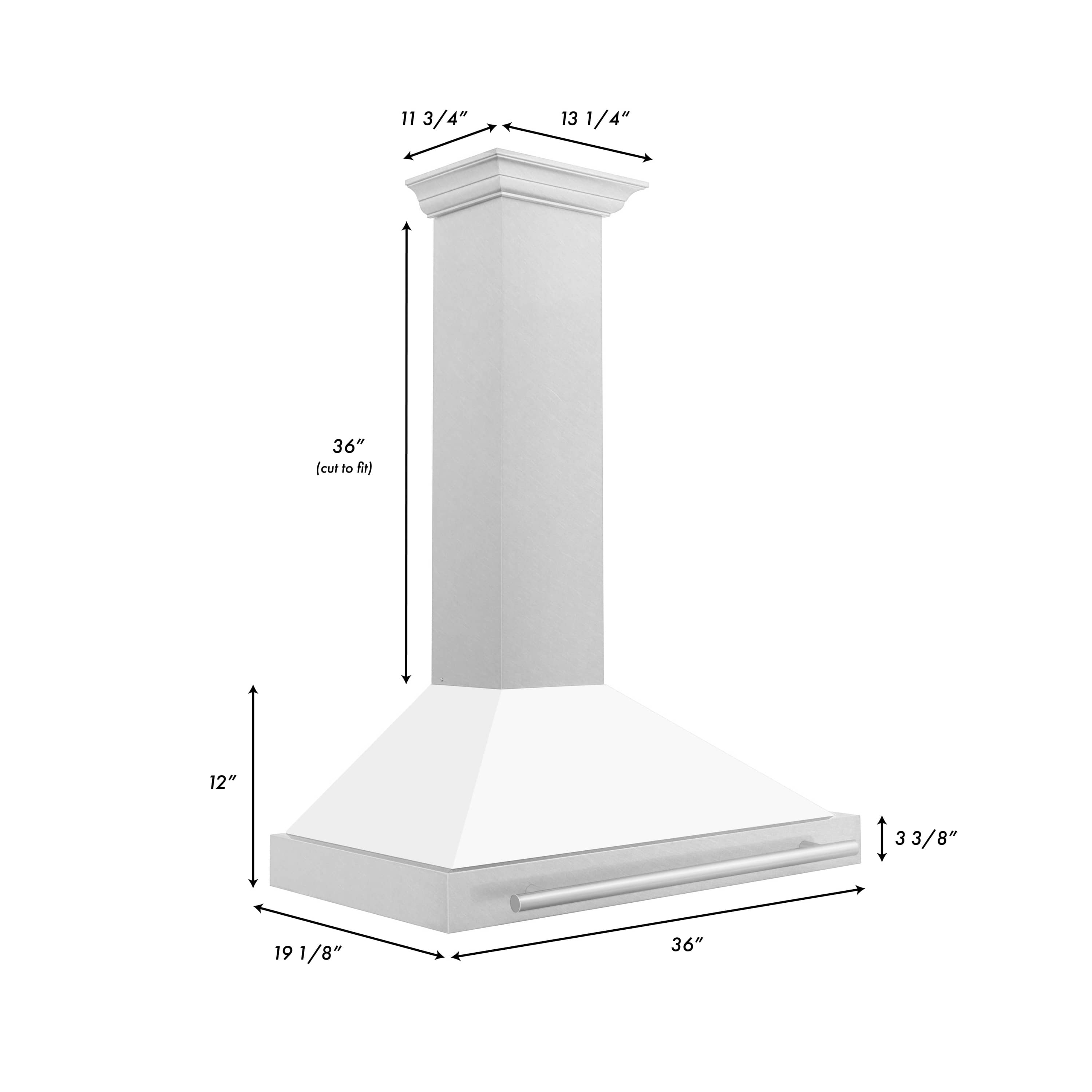 Wall-mounted range hood in white matte with satin stainless steel hood and chimney