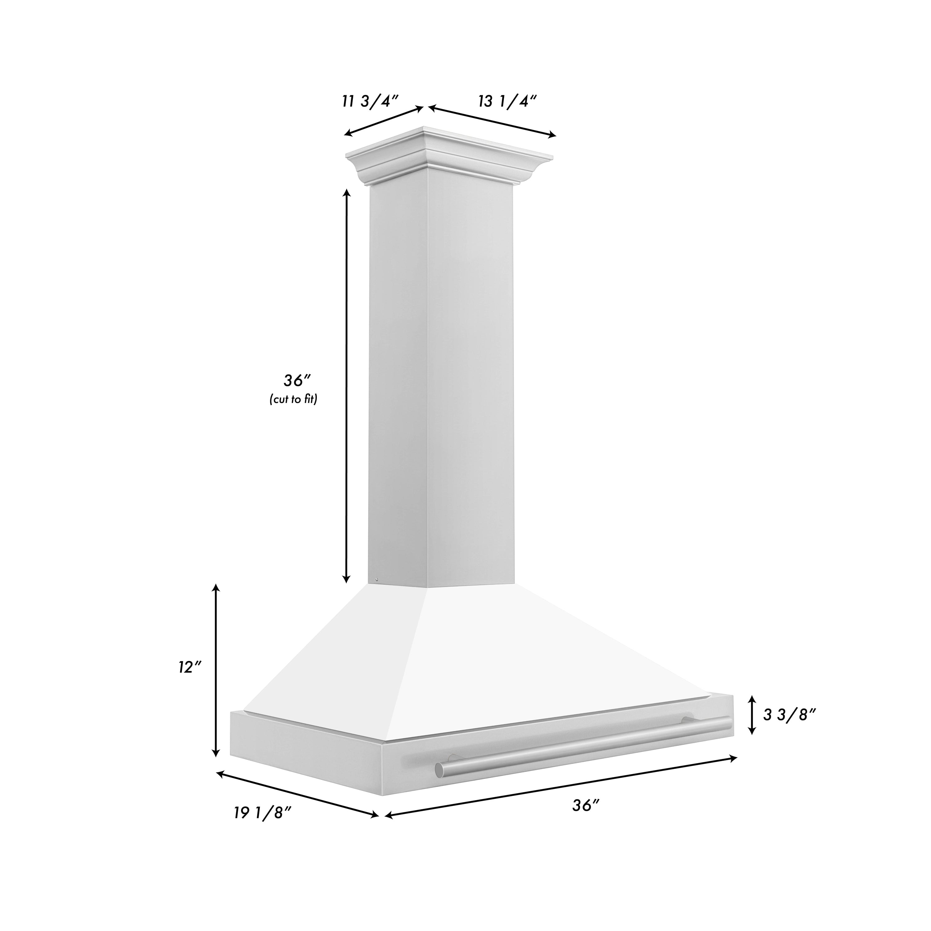Range hood dimensions: 36 in wide, 12 in deep, 36 in height