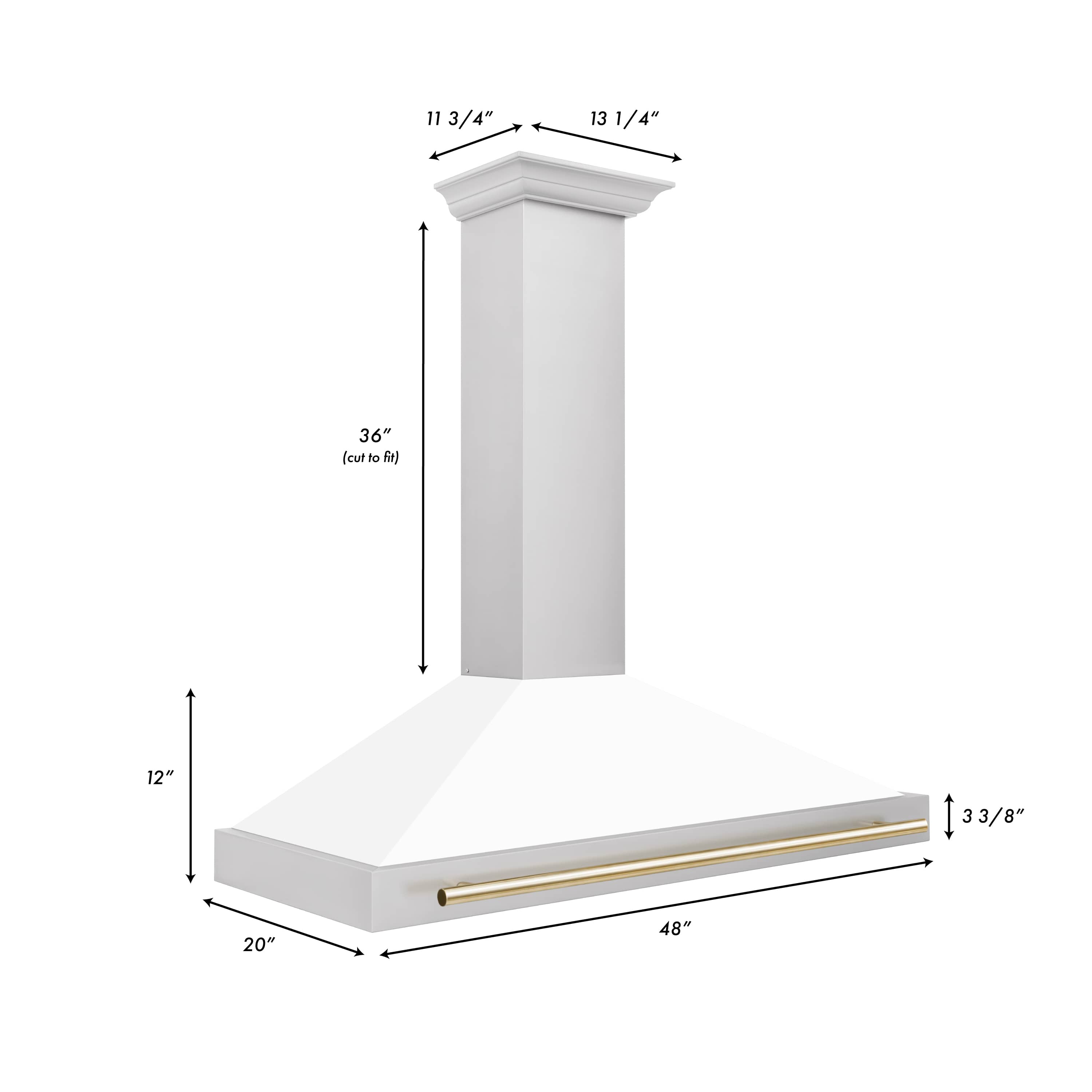 White matte wall-mounted range hood with gold trim bar and stainless filter grille
