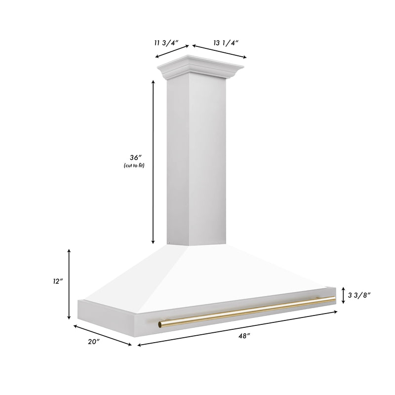 ZLINE 48-Inch Autograph Edition Wall Mounted Range Hood in Stainless Steel with White Matte Shell and Gold Accents (KB4STZ-WM48-G)