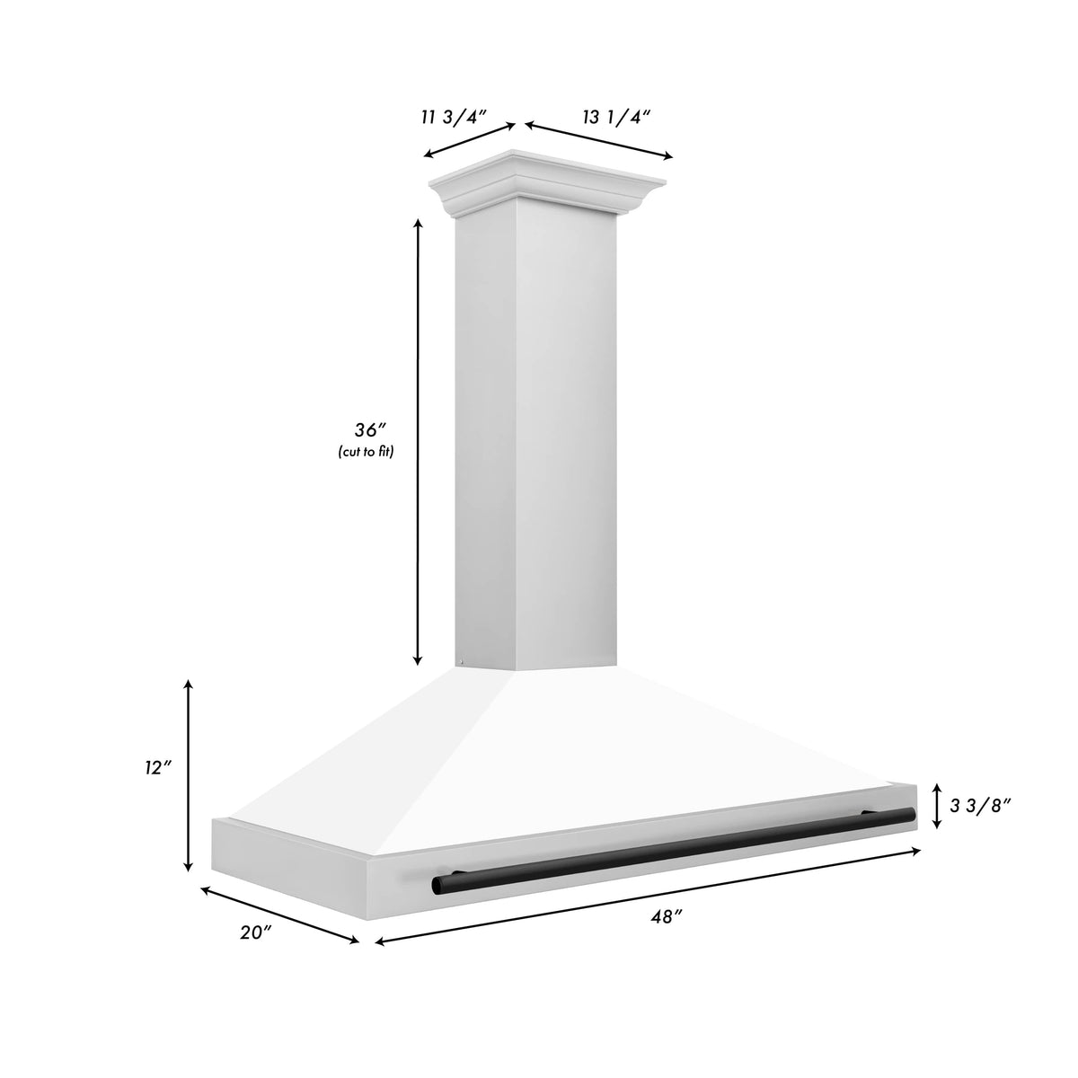 White matte wall-mounted range hood with black trim; rectangular chimney and vent