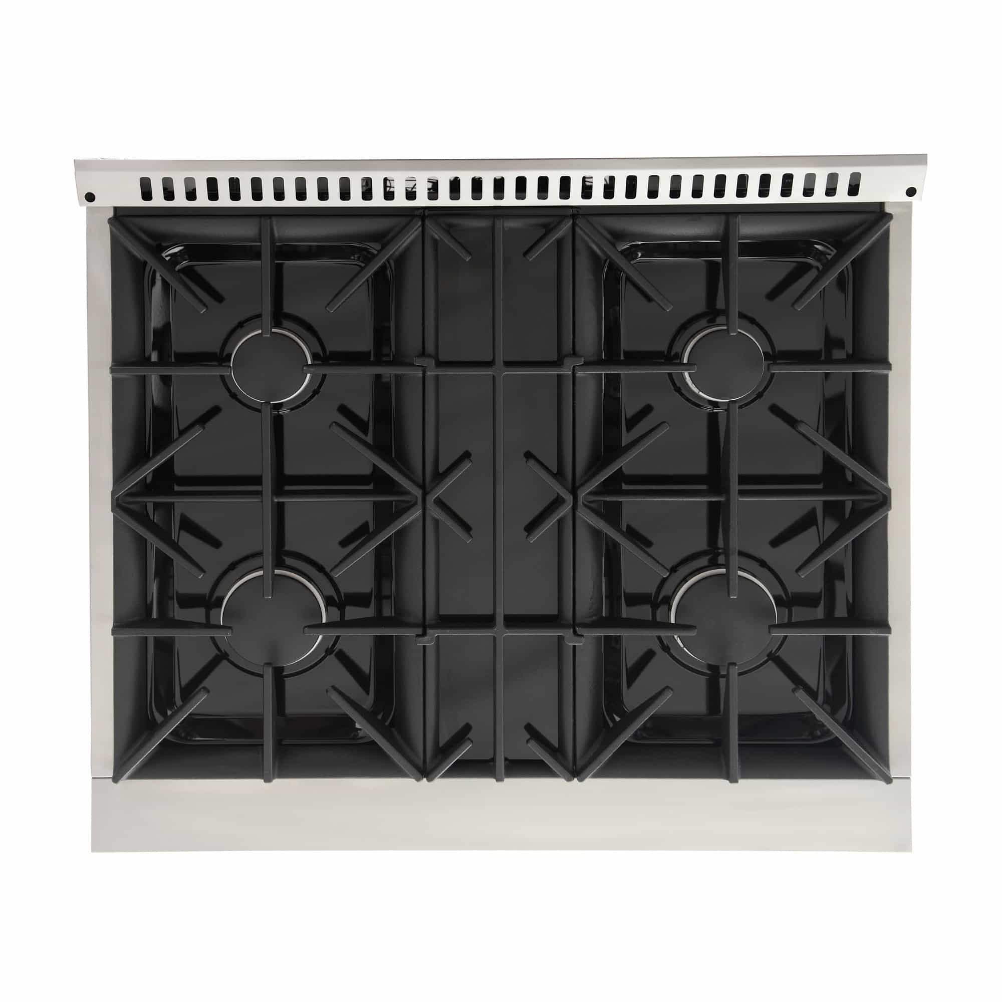 Black cooktop grates with five burner caps on a white pro-style range