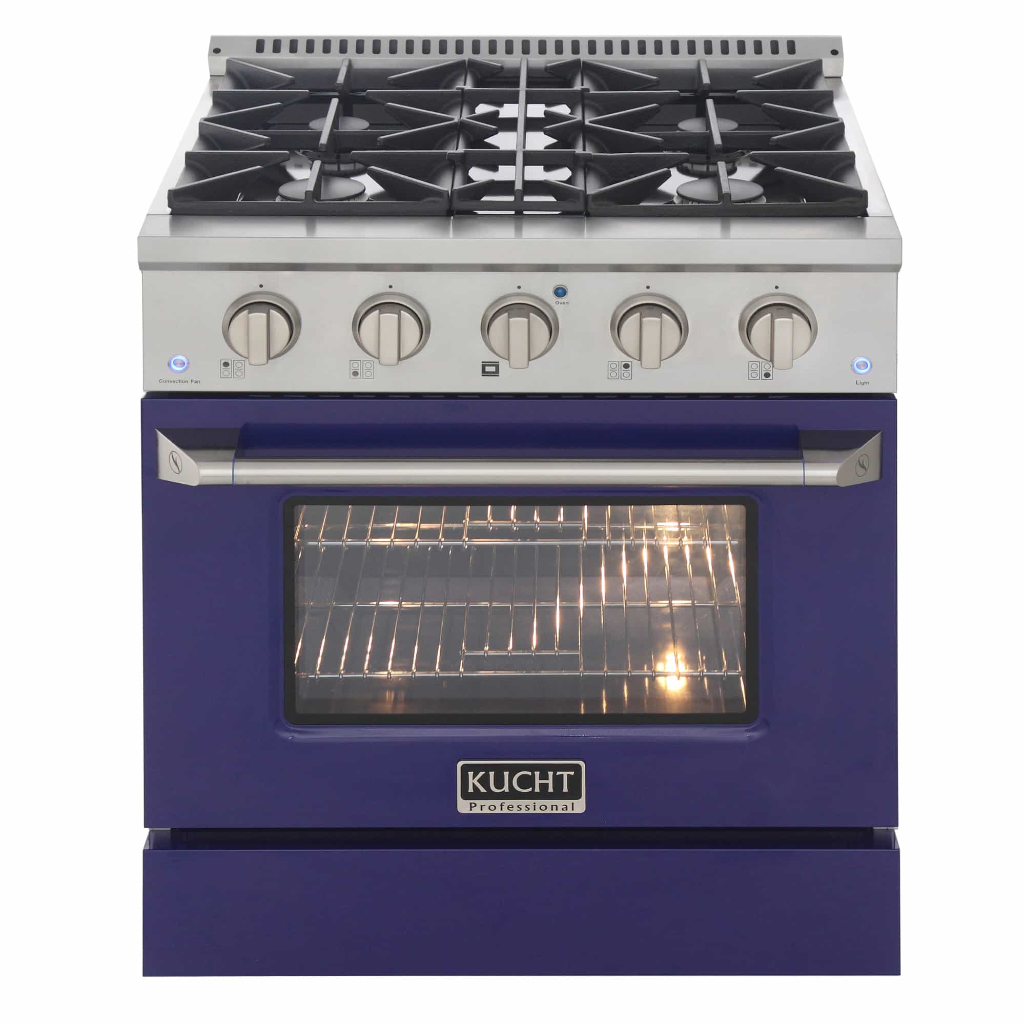 Pro-style dual fuel range with black grates and blue oven door open with lit interior