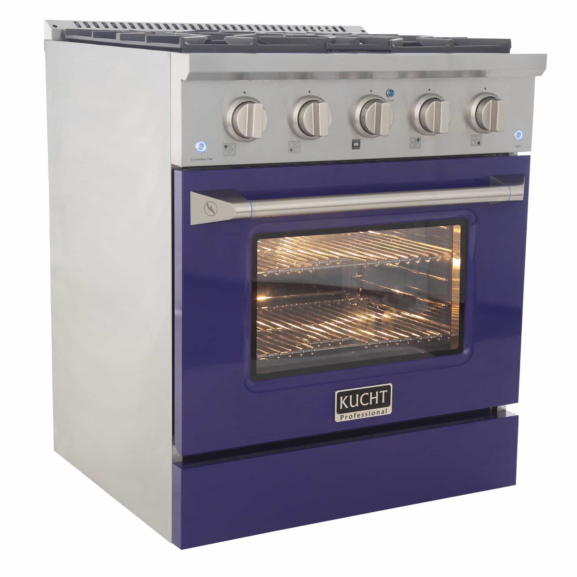 Stainless dual fuel range with blue oven door open, showing warm oven racks