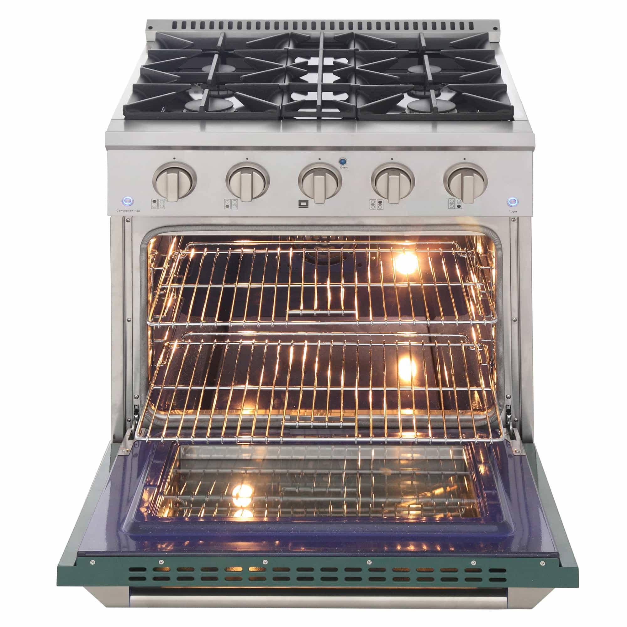 Dual-fuel range with open oven and lit baking interior above five-burner stainless cooktop