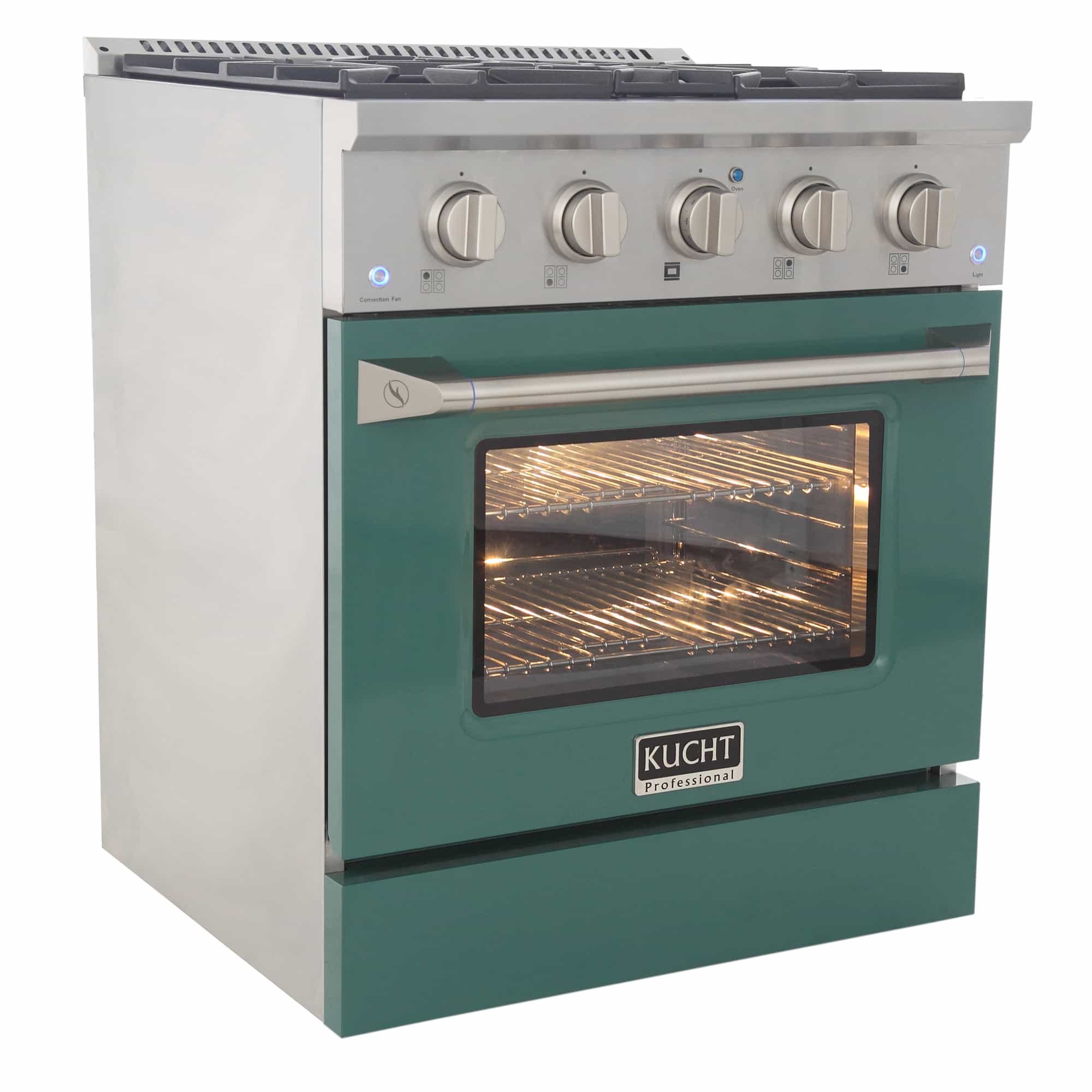 Stainless steel and green dual-fuel range with open oven door and illuminated interior