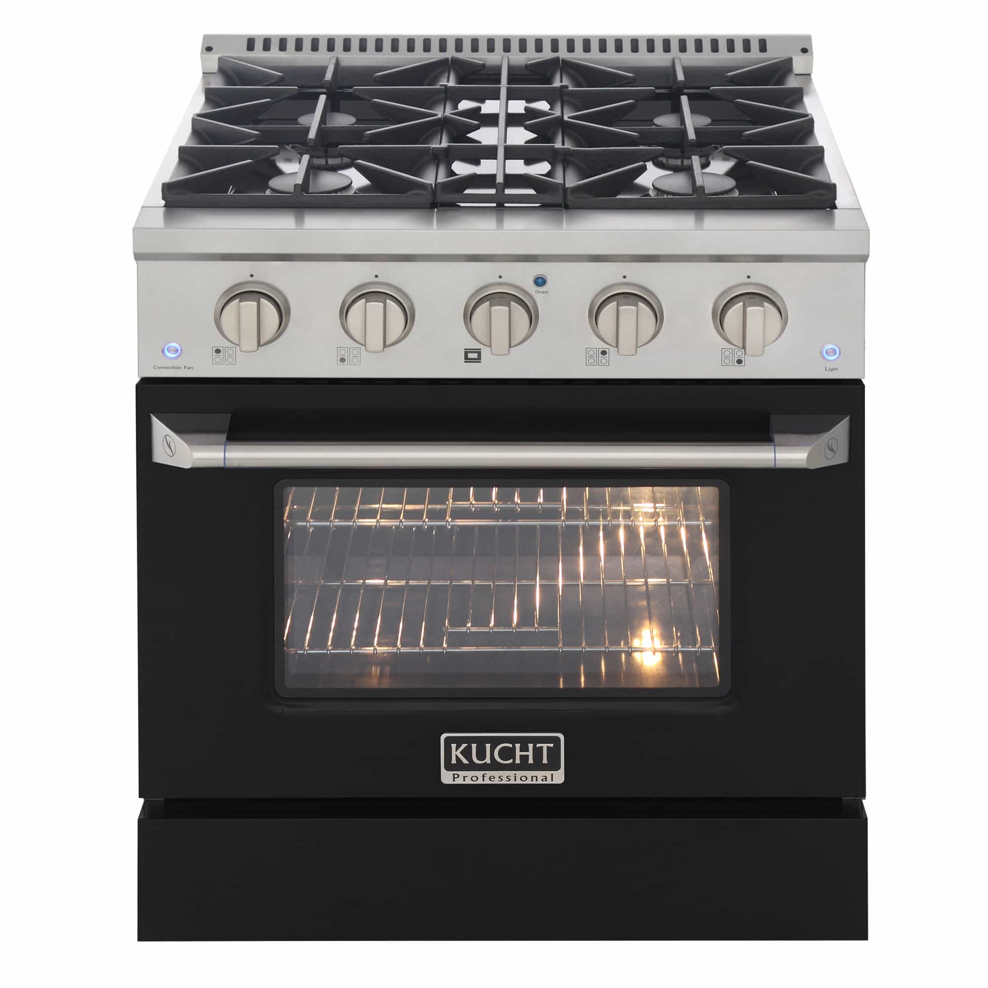 Dual fuel range with stainless cooktop, black oven door, and five control knobs