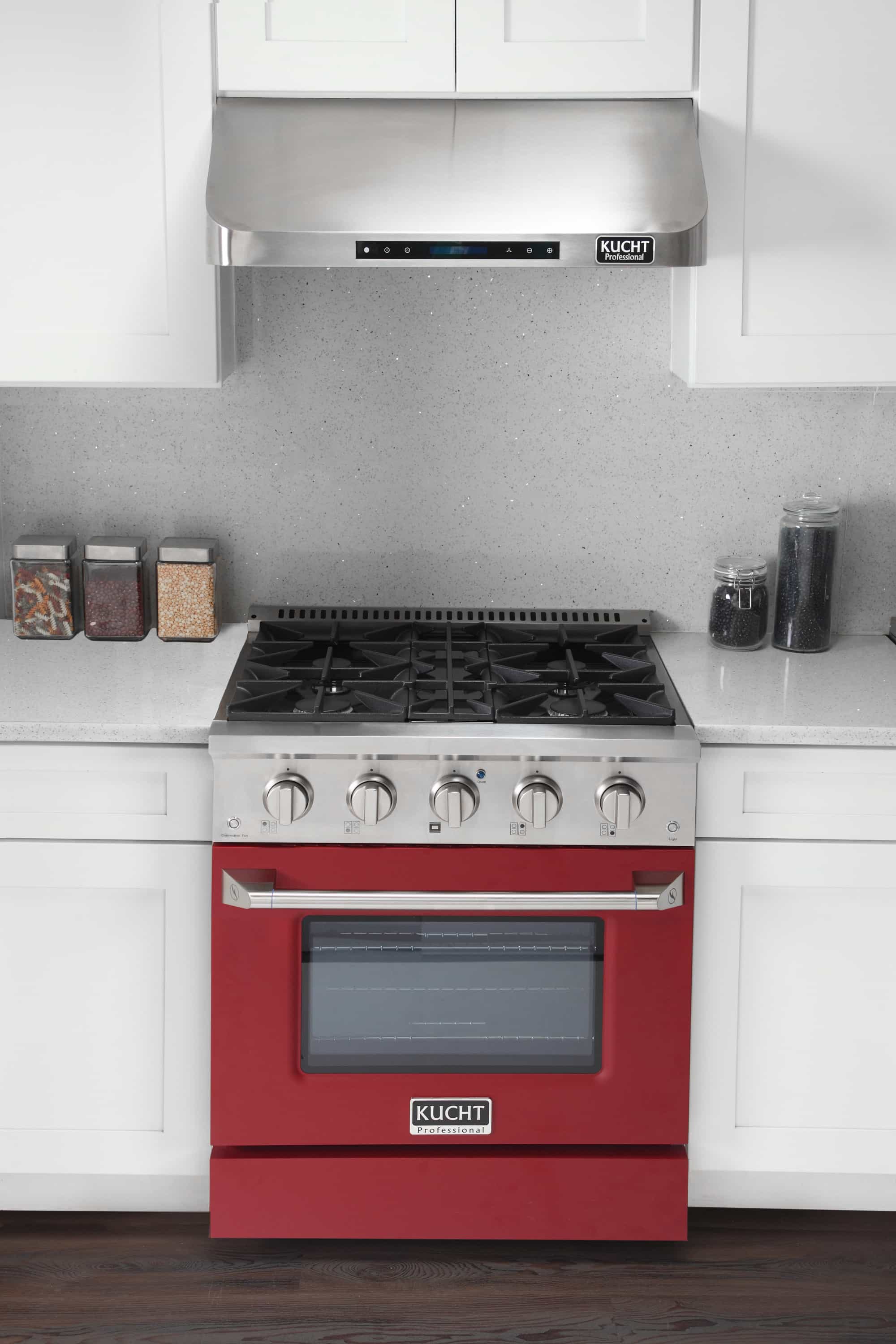 Stainless and red pro-style dual fuel range with burner grates and oven door
