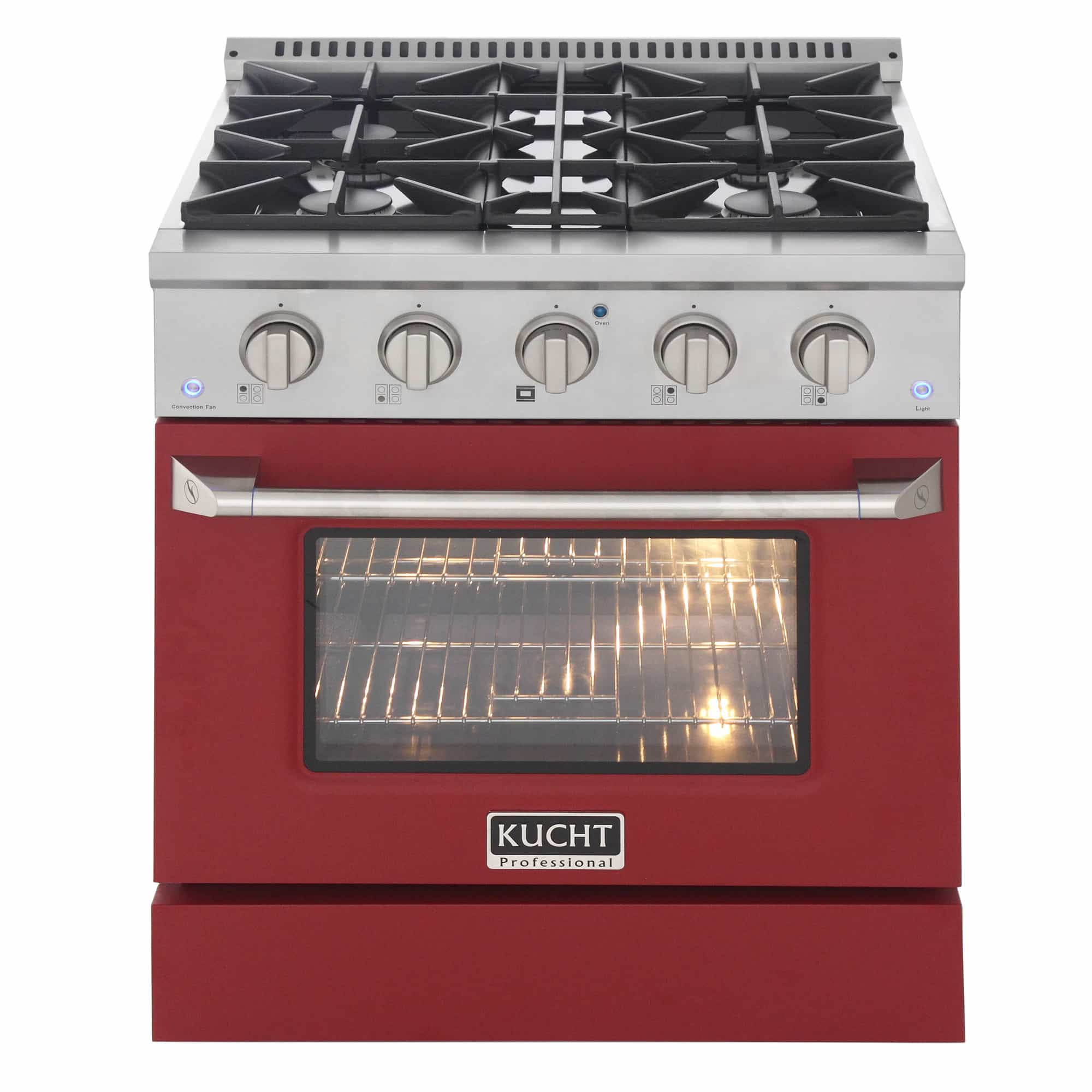 Pro-style dual fuel range front with stainless control knobs, red door, and lit oven
