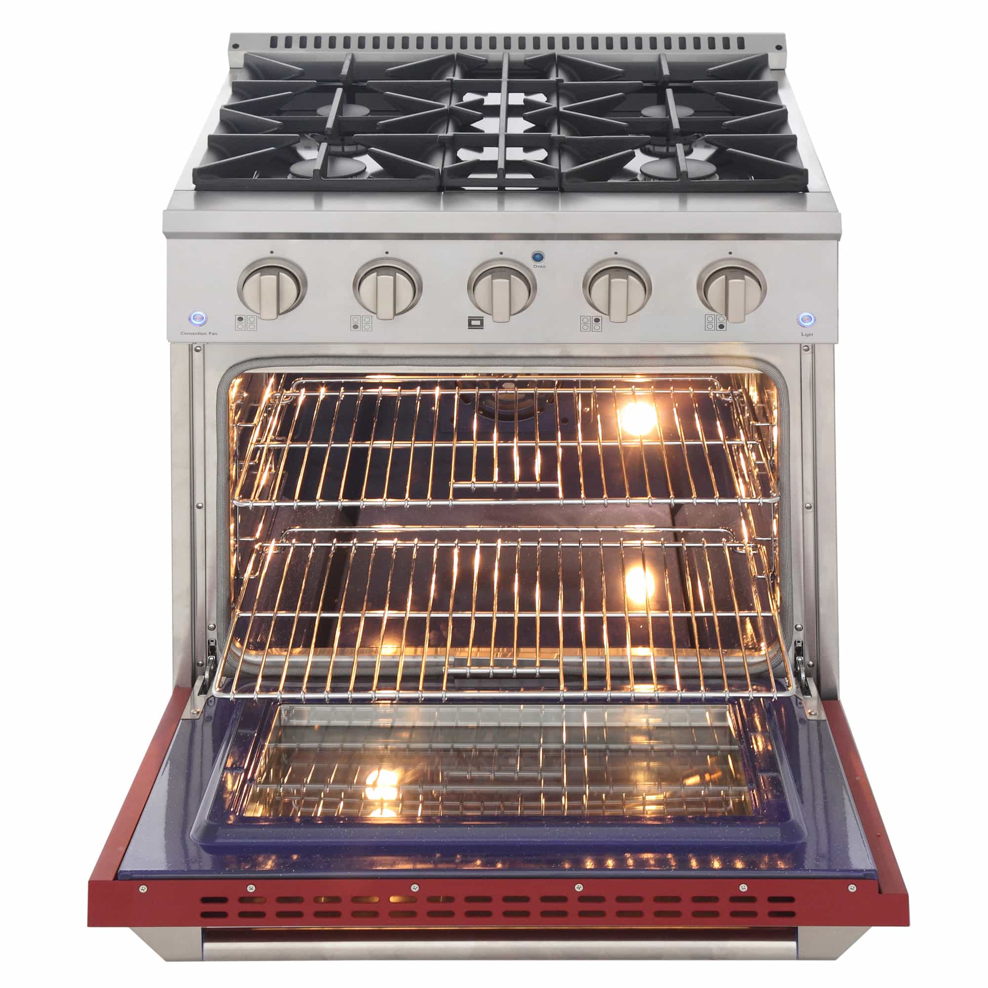 Stainless pro-style dual fuel range oven with open door and illuminated wire racks