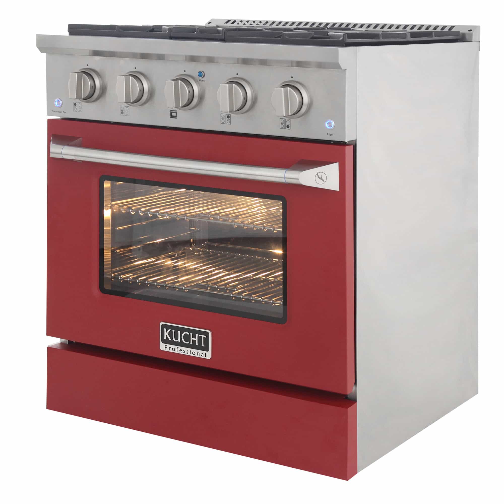 Stainless dual fuel range with red oven door and glass window; front knobs