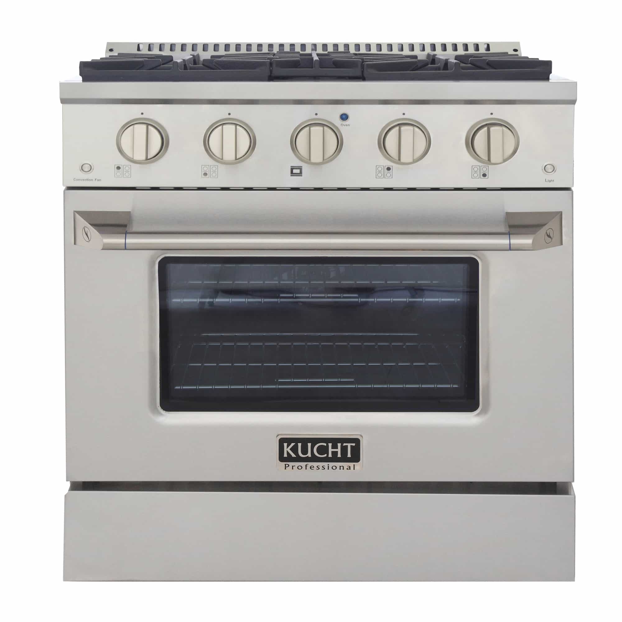 Stainless steel dual fuel range with closed oven door and five control knobs