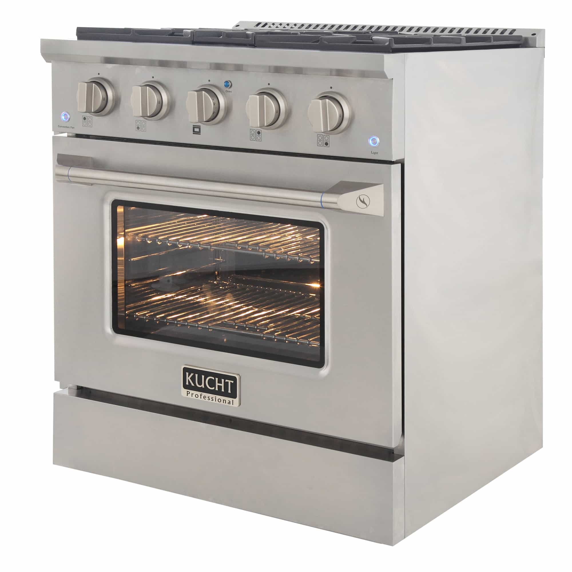 Stainless steel dual fuel range side view with lit oven window and controls