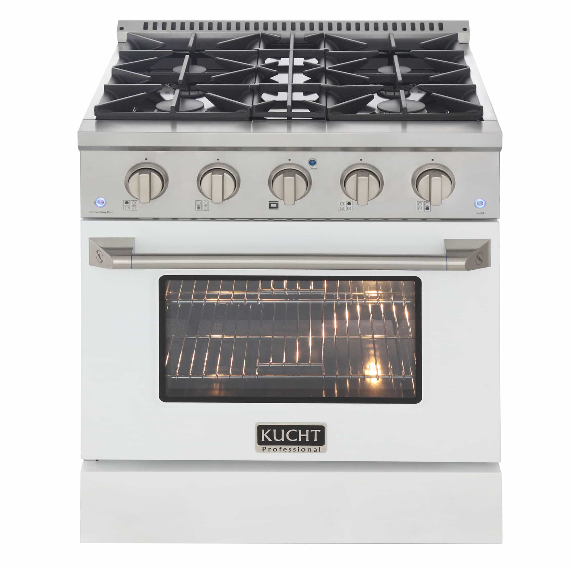 White pro-style range with five knobs and illuminated oven window