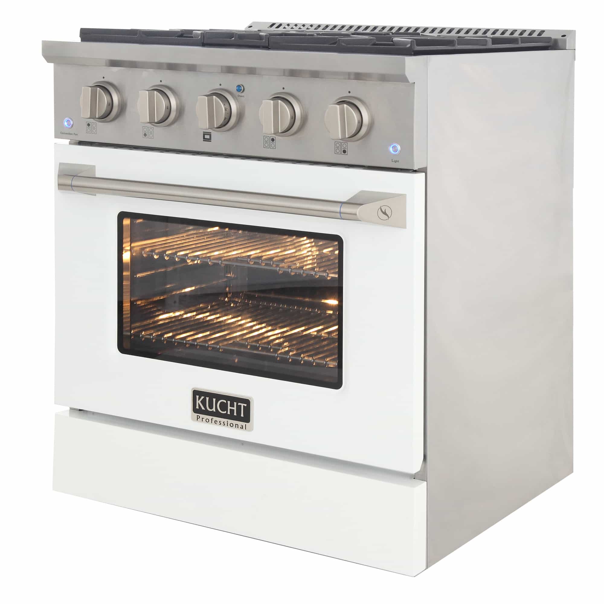 White pro-style oven with illuminated interior and stainless door handle