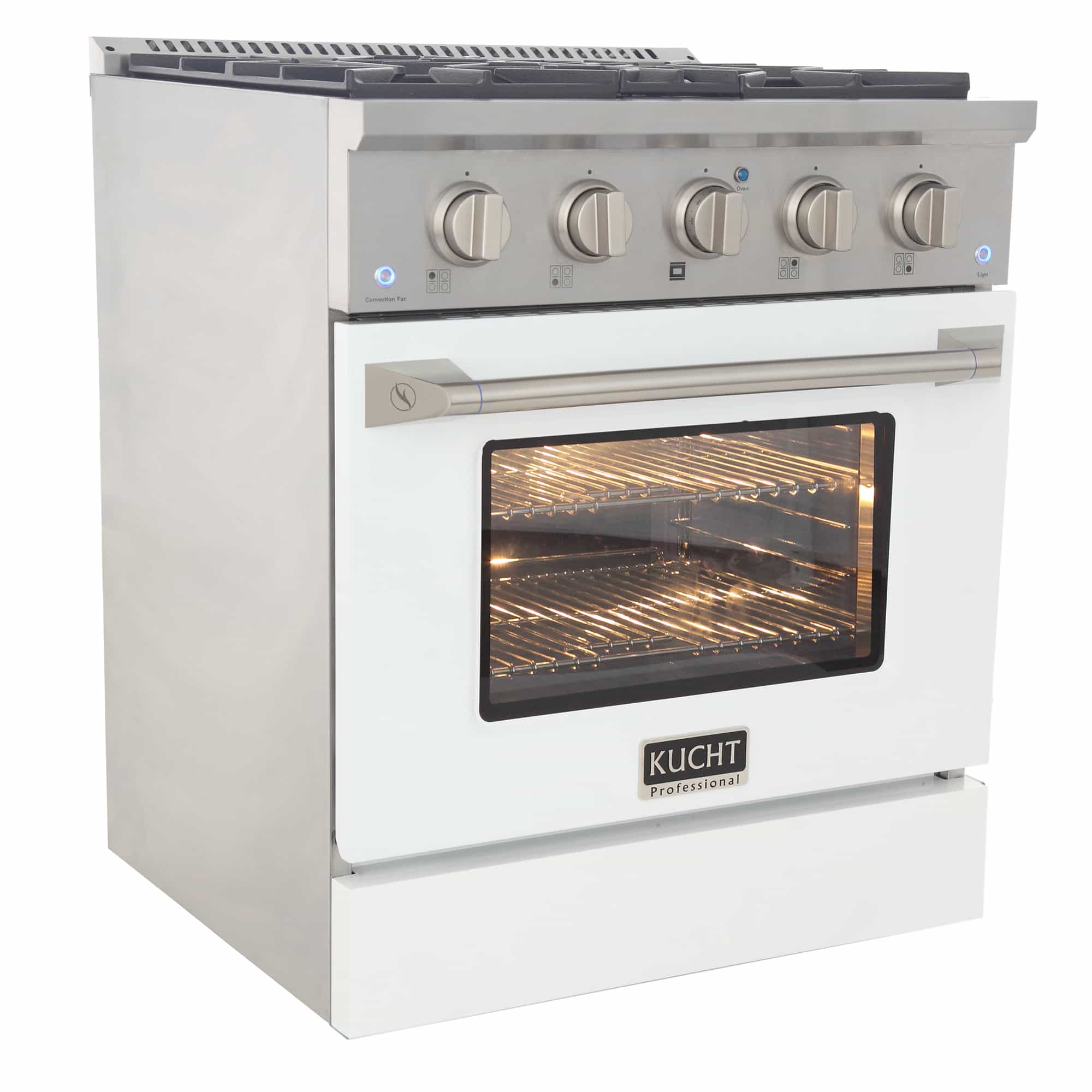 White oven door open showing illuminated interior, racks, and stainless handle