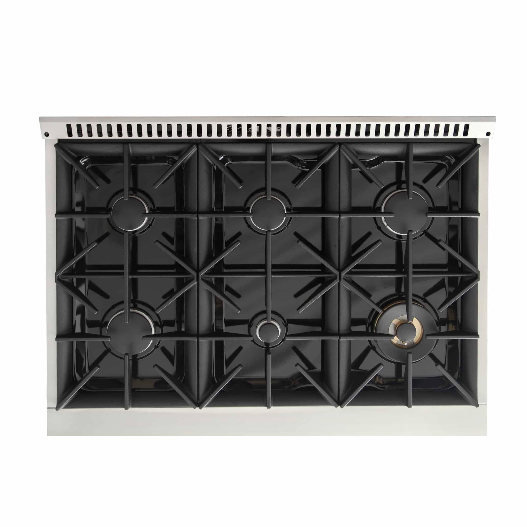 Pro-style dual fuel range cooktop with black sealed burners and grates
