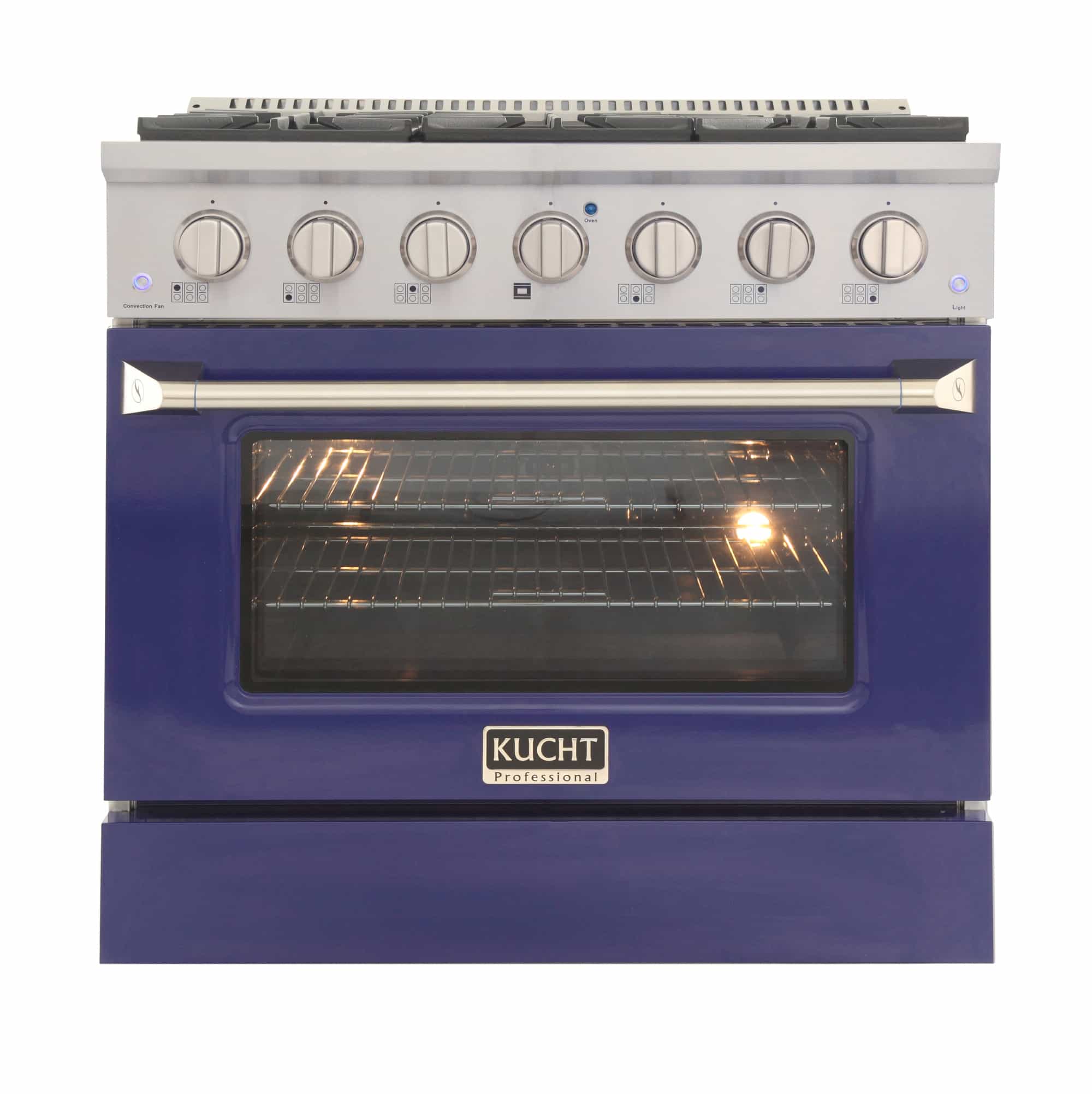 Stainless dual fuel range with blue oven door and lit glass window over racks