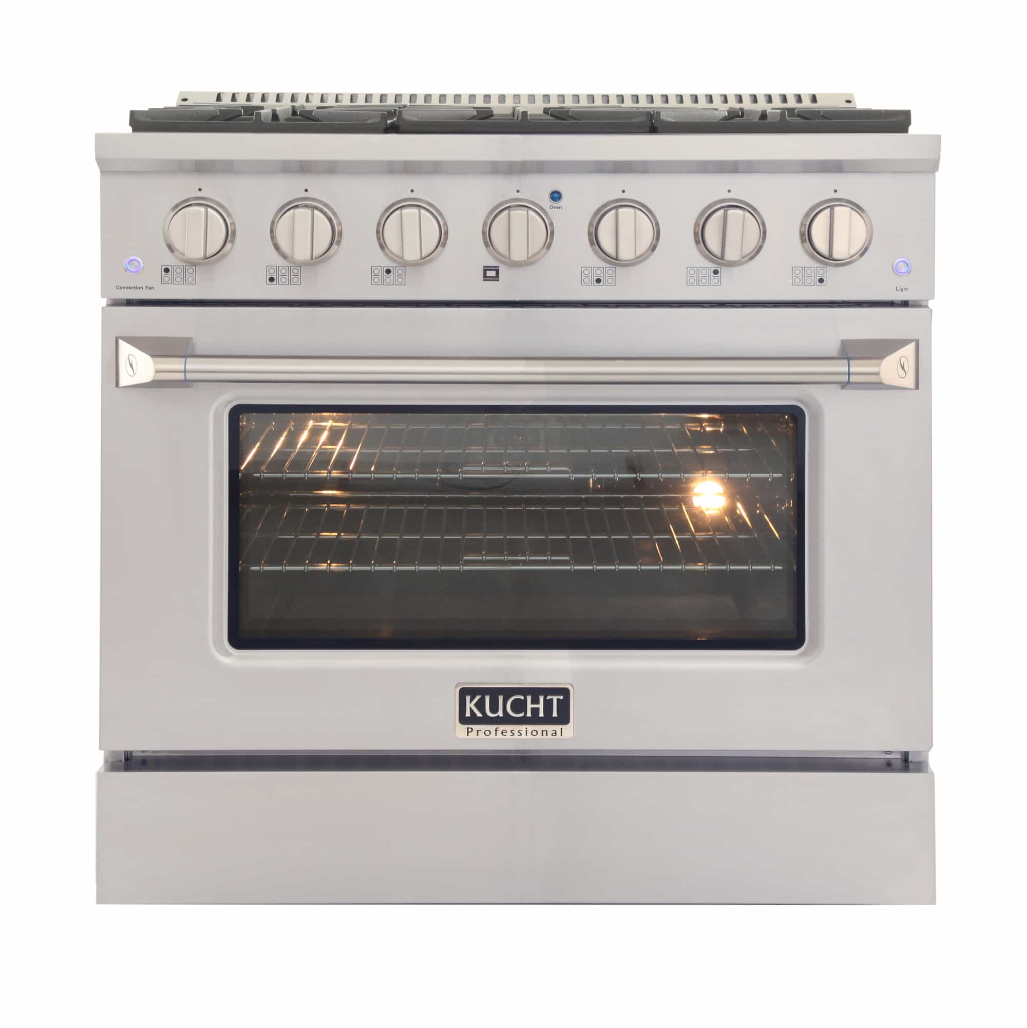 Stainless steel dual fuel range front view with lit oven window and knobs