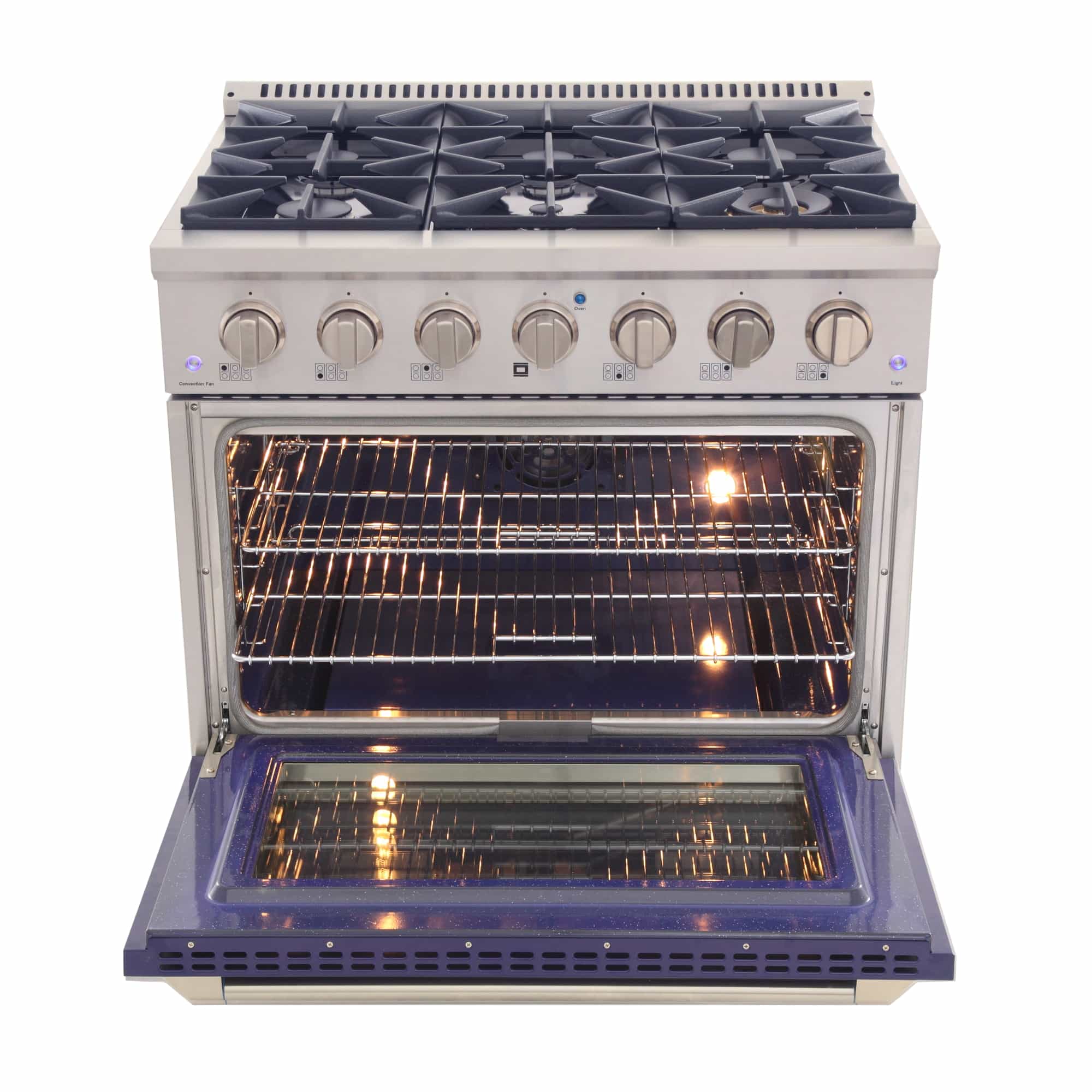 Dual fuel range oven with door open showing two rack levels, warm interior lights