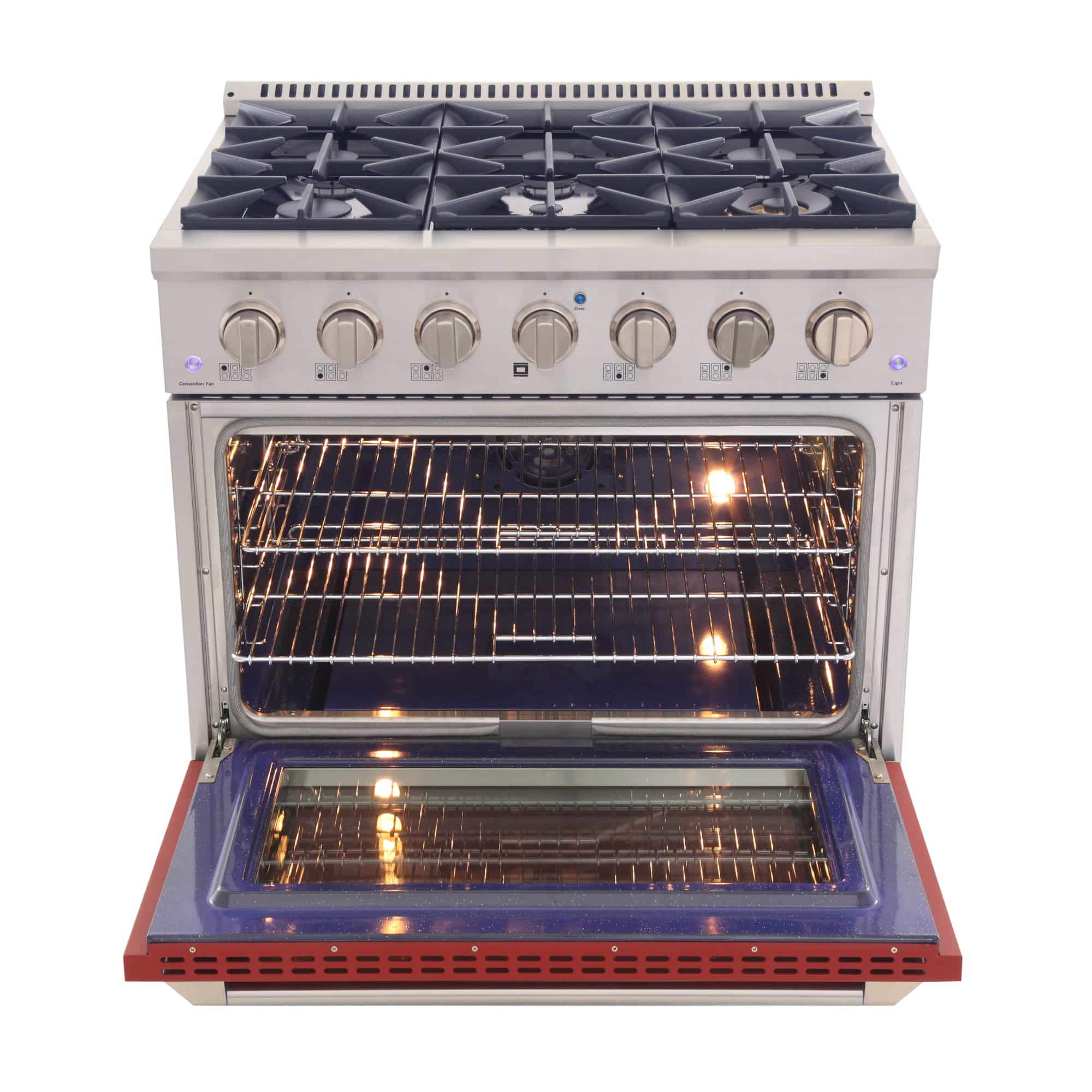 Dual fuel range with oven door open showing racks and lit interior