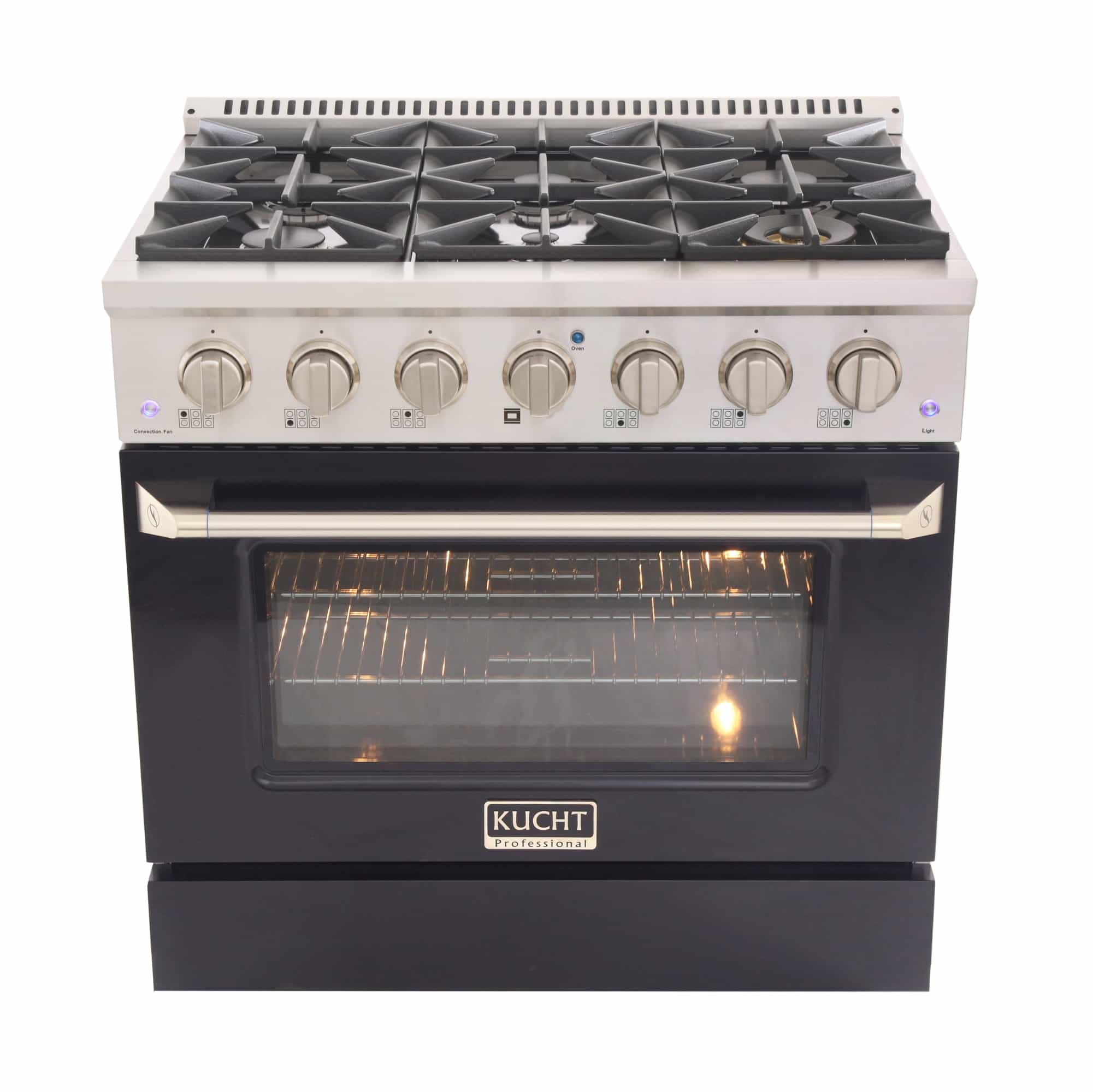 Stainless steel dual fuel range front with lit oven window and burner controls