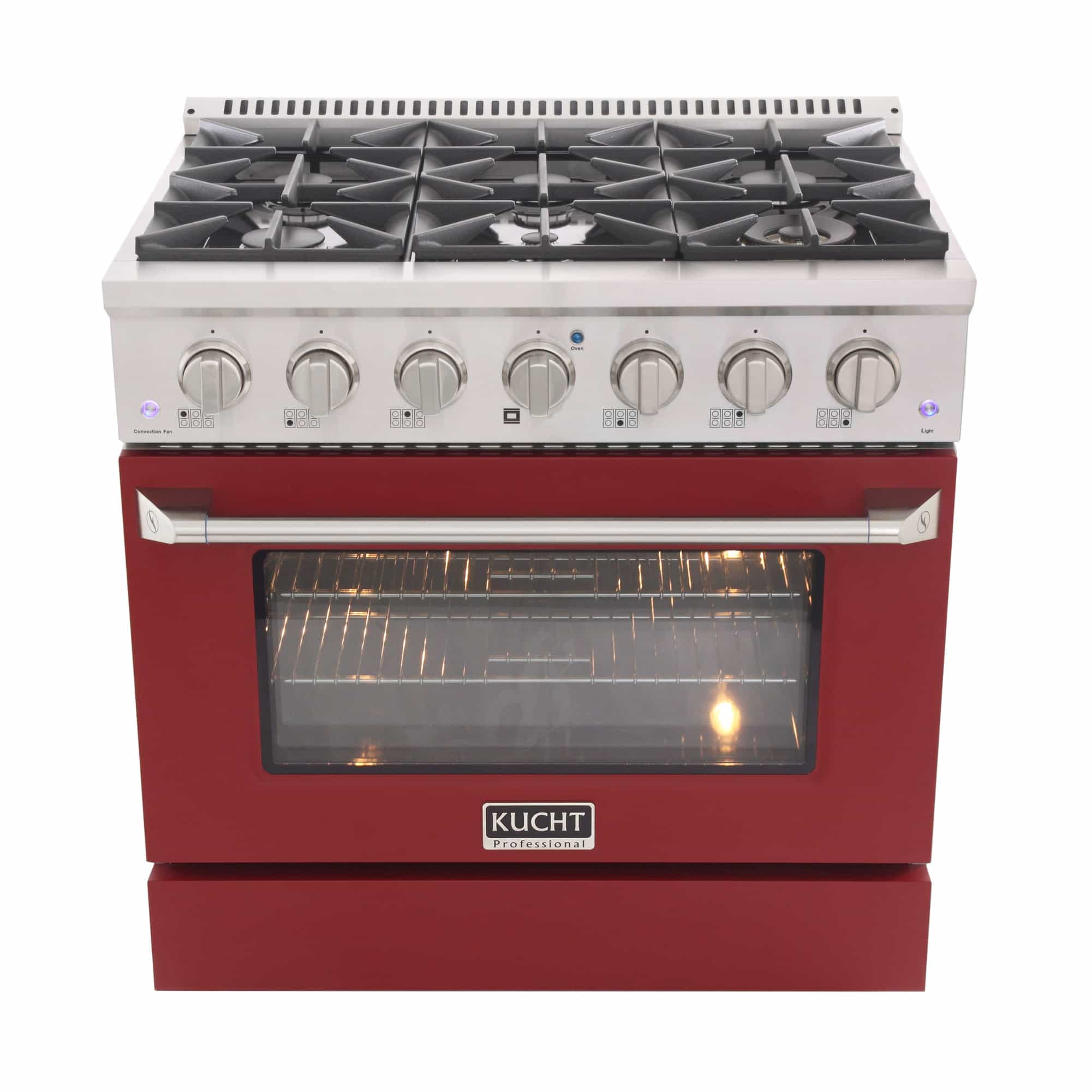 Kucht dual fuel range front view with six knobs and glowing red oven door window