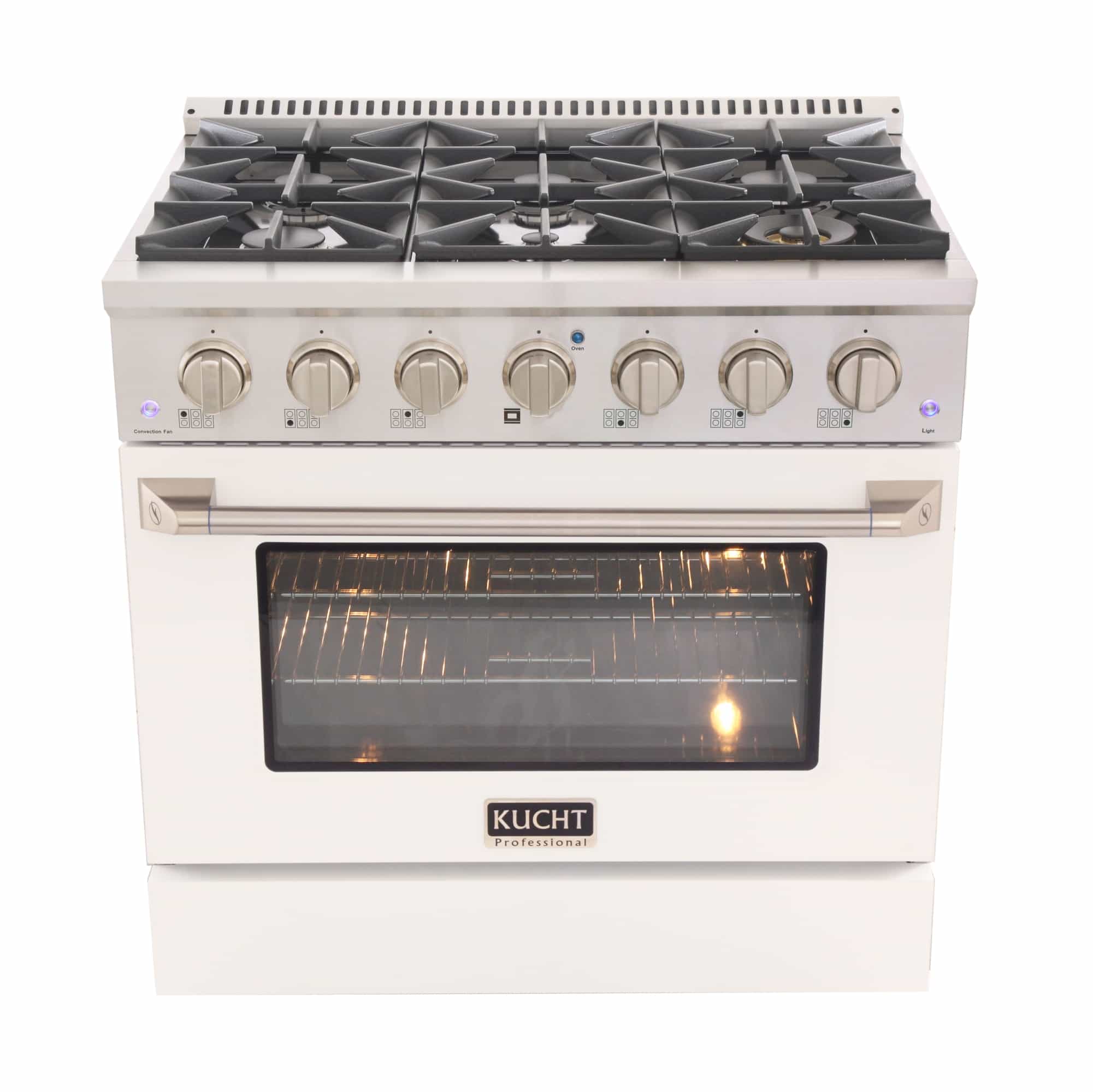 White dual fuel range with black burner grates and oven window on front