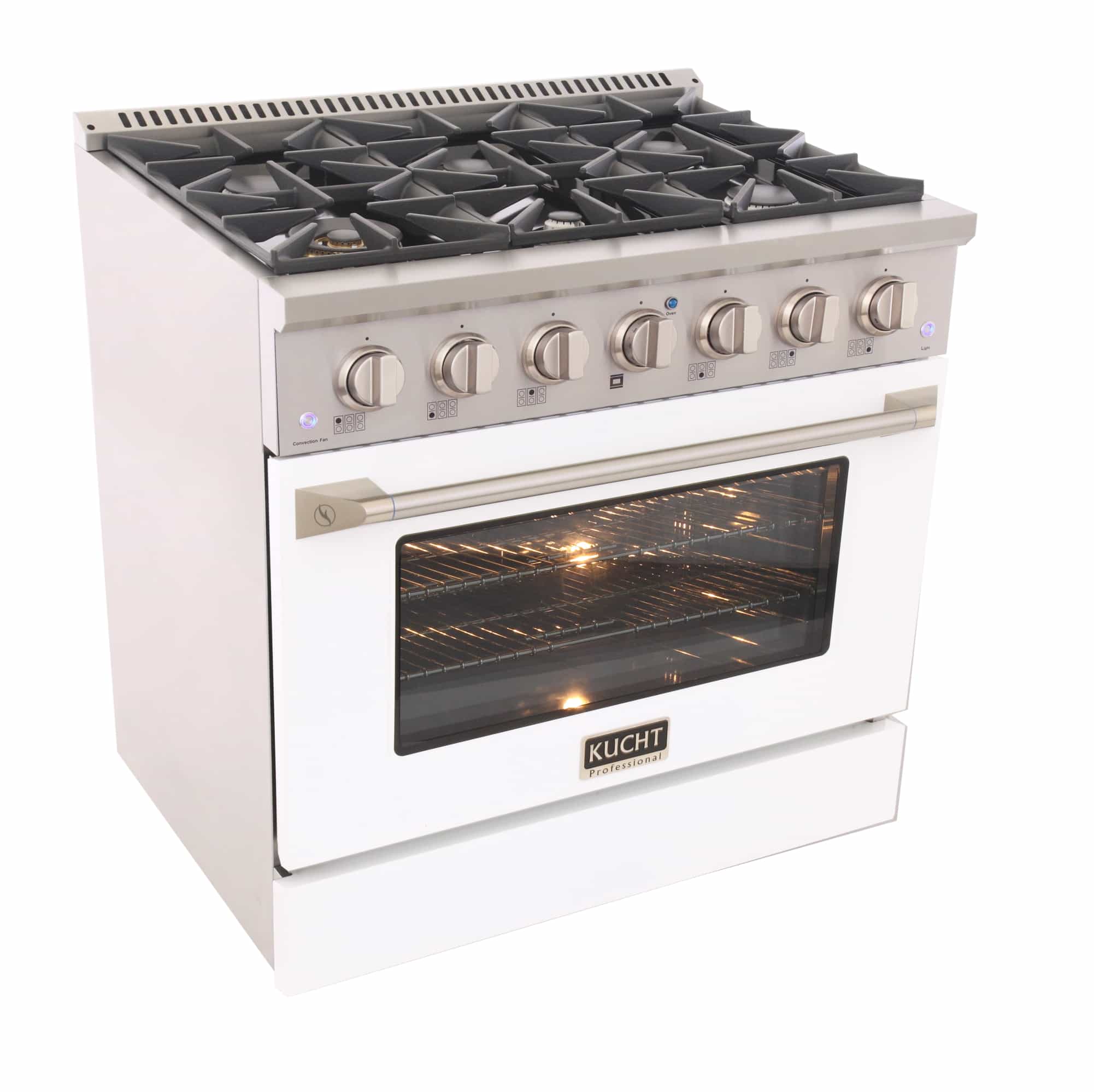 White dual fuel range with black cooktop grates and oven window