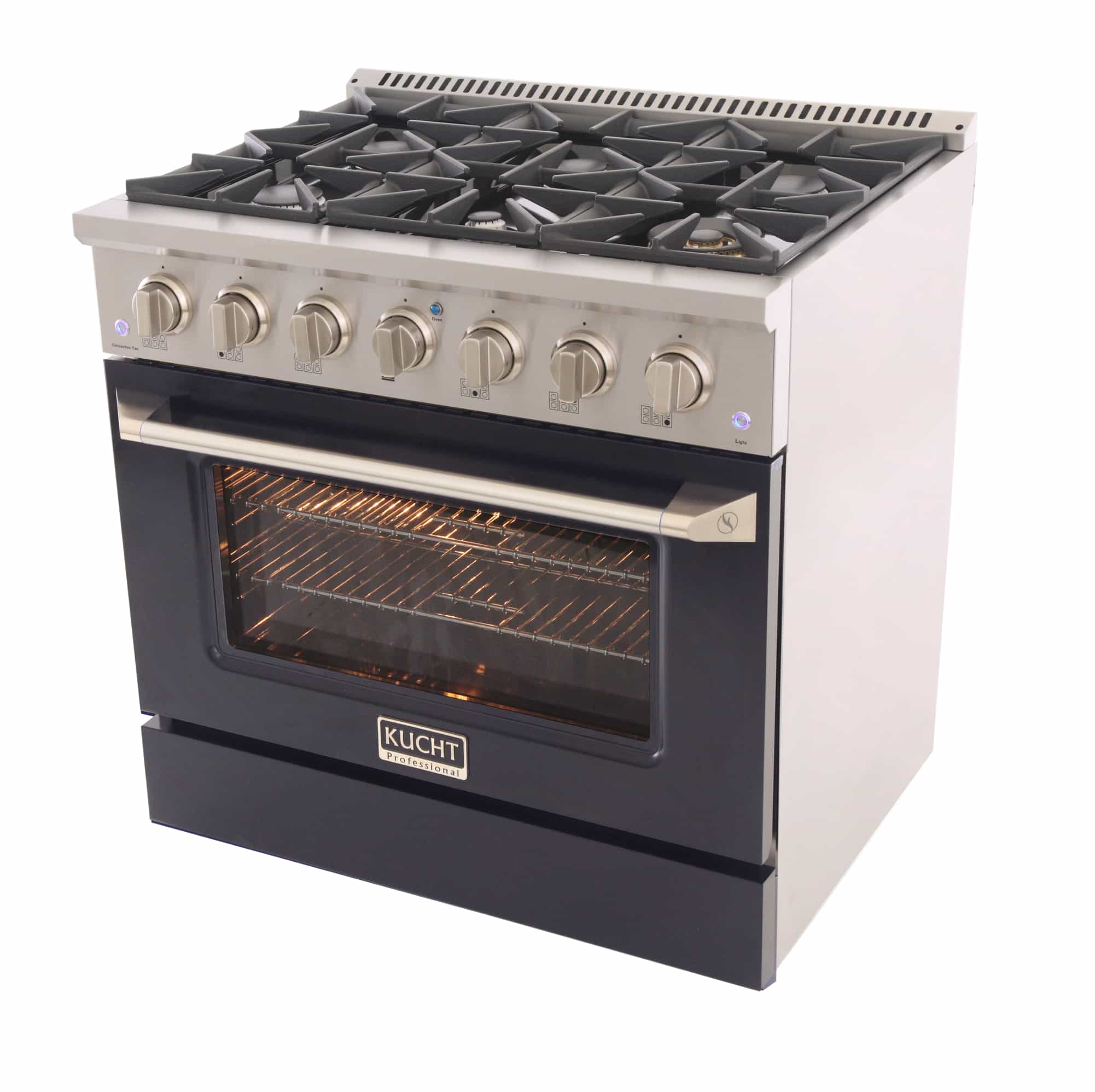 Stainless steel dual fuel range with lit oven window and control knobs