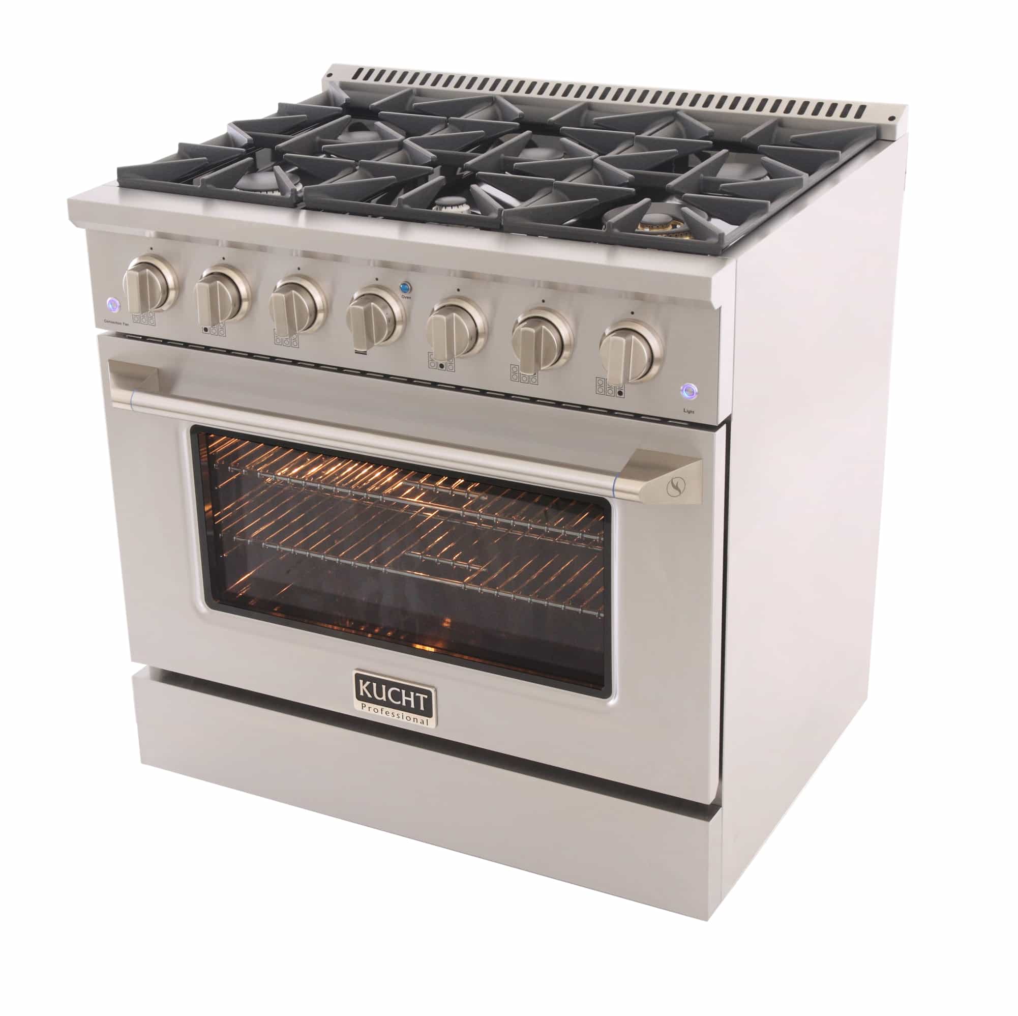 Stainless steel dual fuel range with burner grates and lit oven window