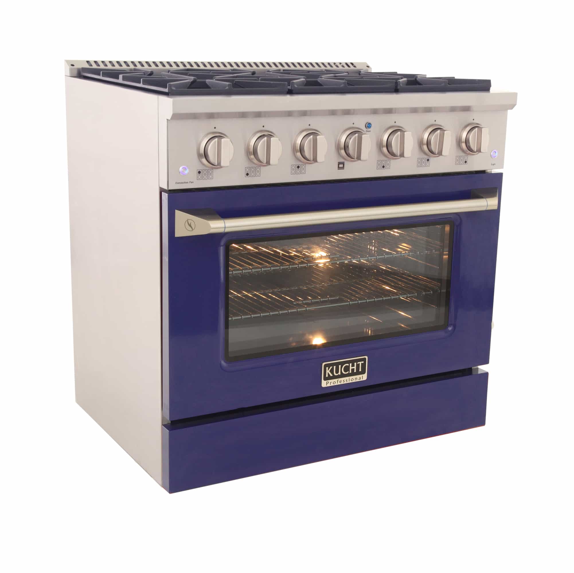 Stainless dual fuel range with blue oven door and control knobs above the oven