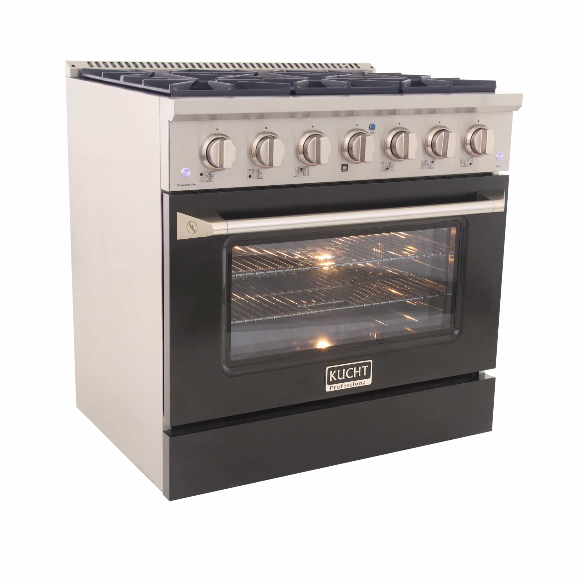 Stainless steel 36-inch dual fuel range with black oven door and control knobs