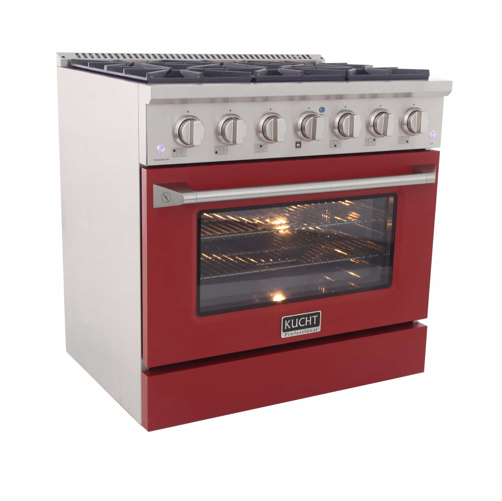 Stainless and red Kucht dual fuel range with oven window and control knobs