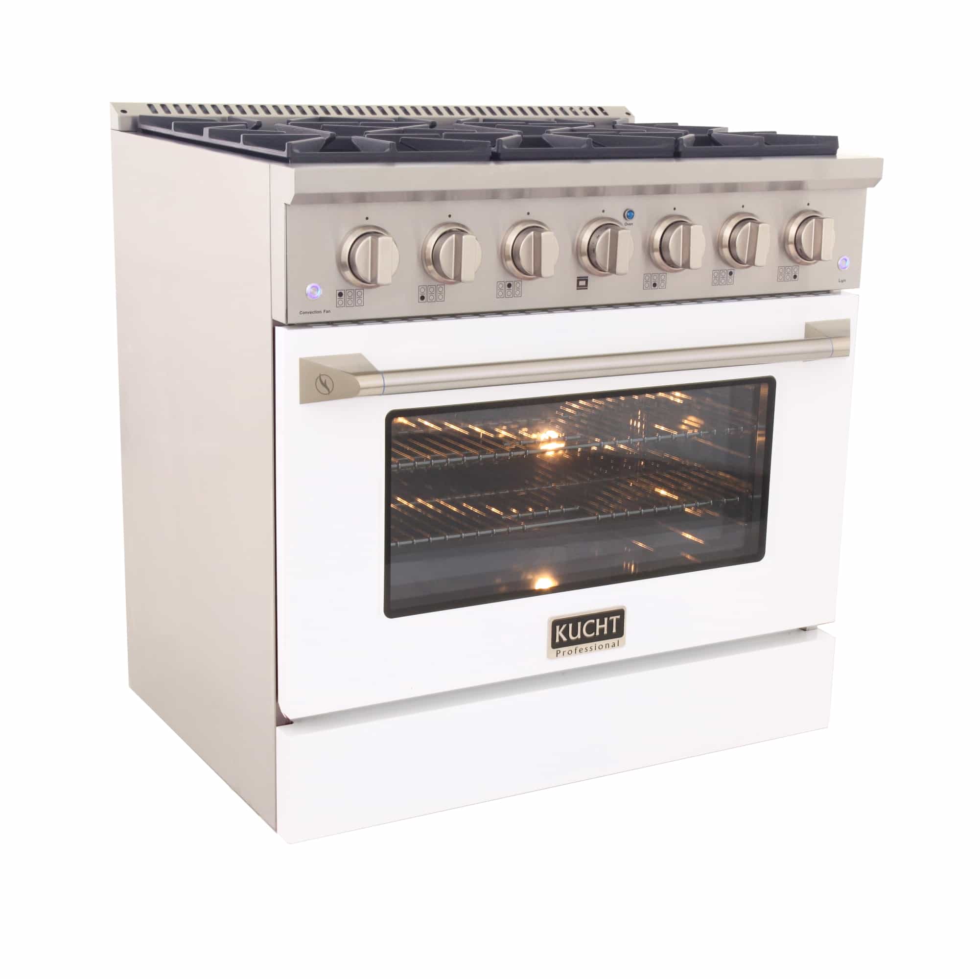White 36-inch dual fuel range with stainless cooktop and glass oven door