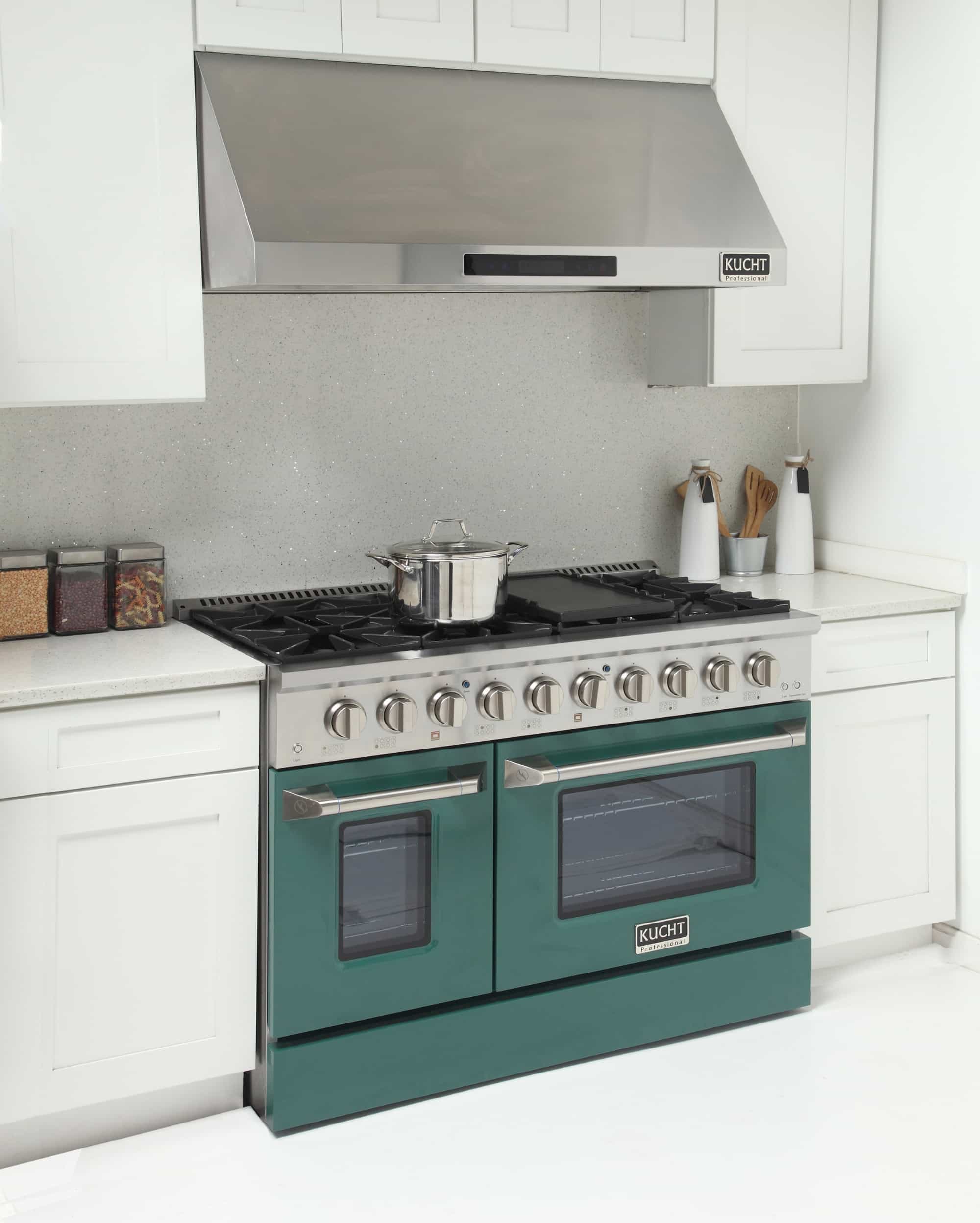 Stainless steel and green dual fuel range with gas cooktop and two oven doors