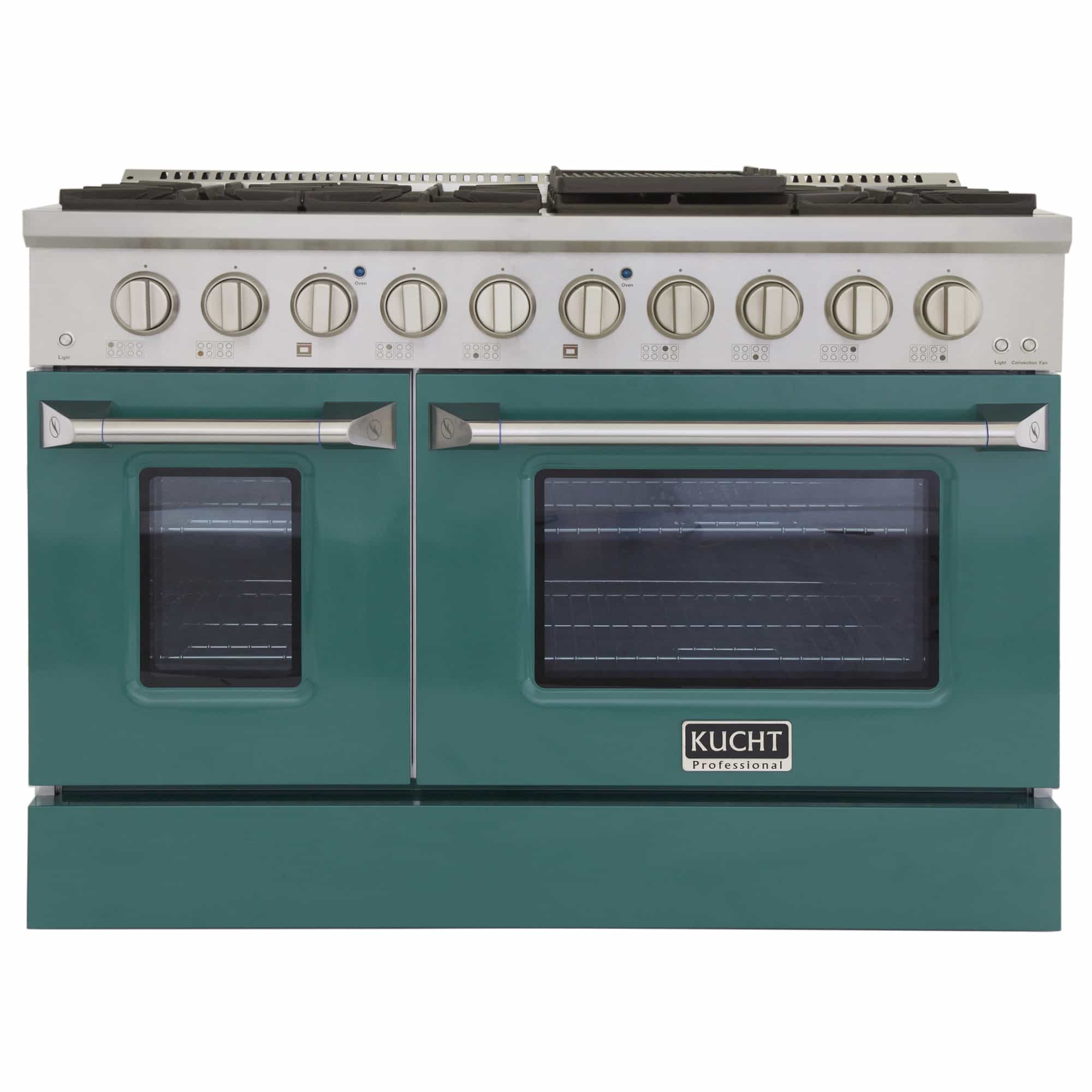 Pro-style dual fuel range with green oven doors, stainless control panel, and round knobs