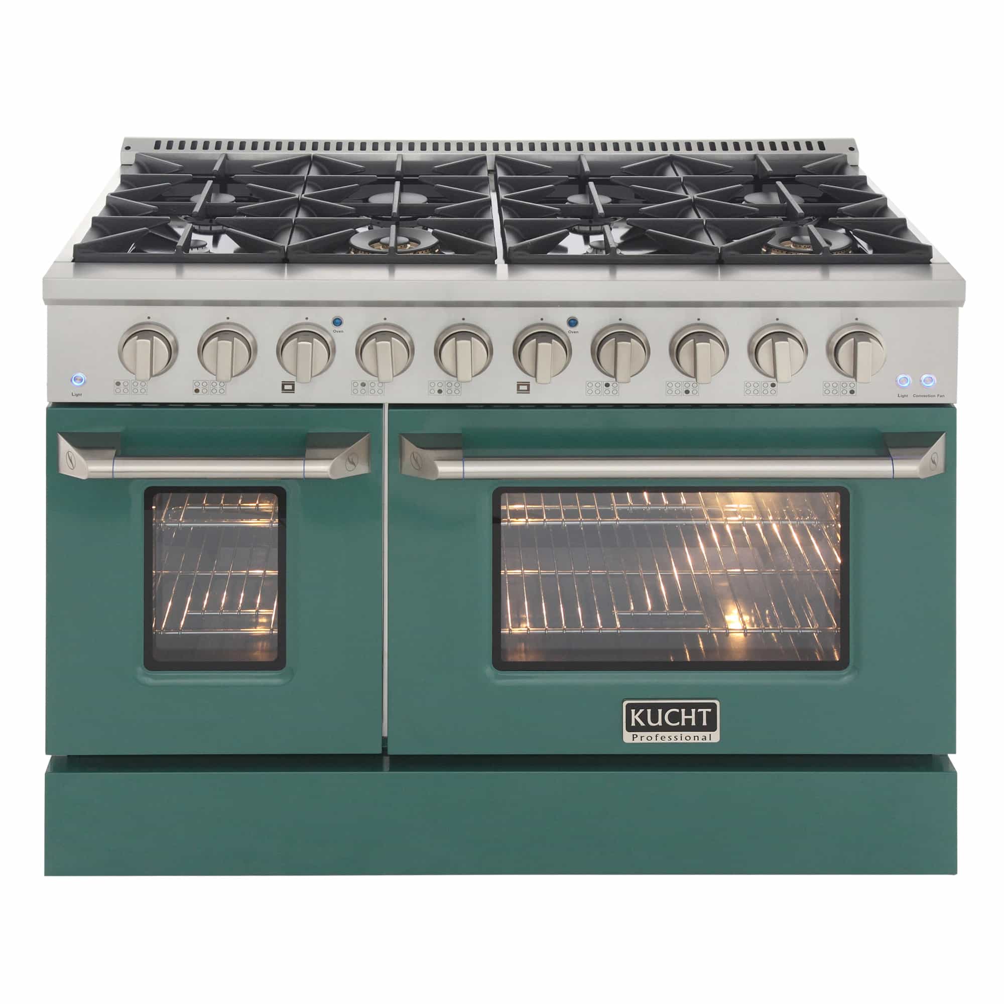 Pro-style dual fuel range front with green oven doors, stainless panel, and four black burners