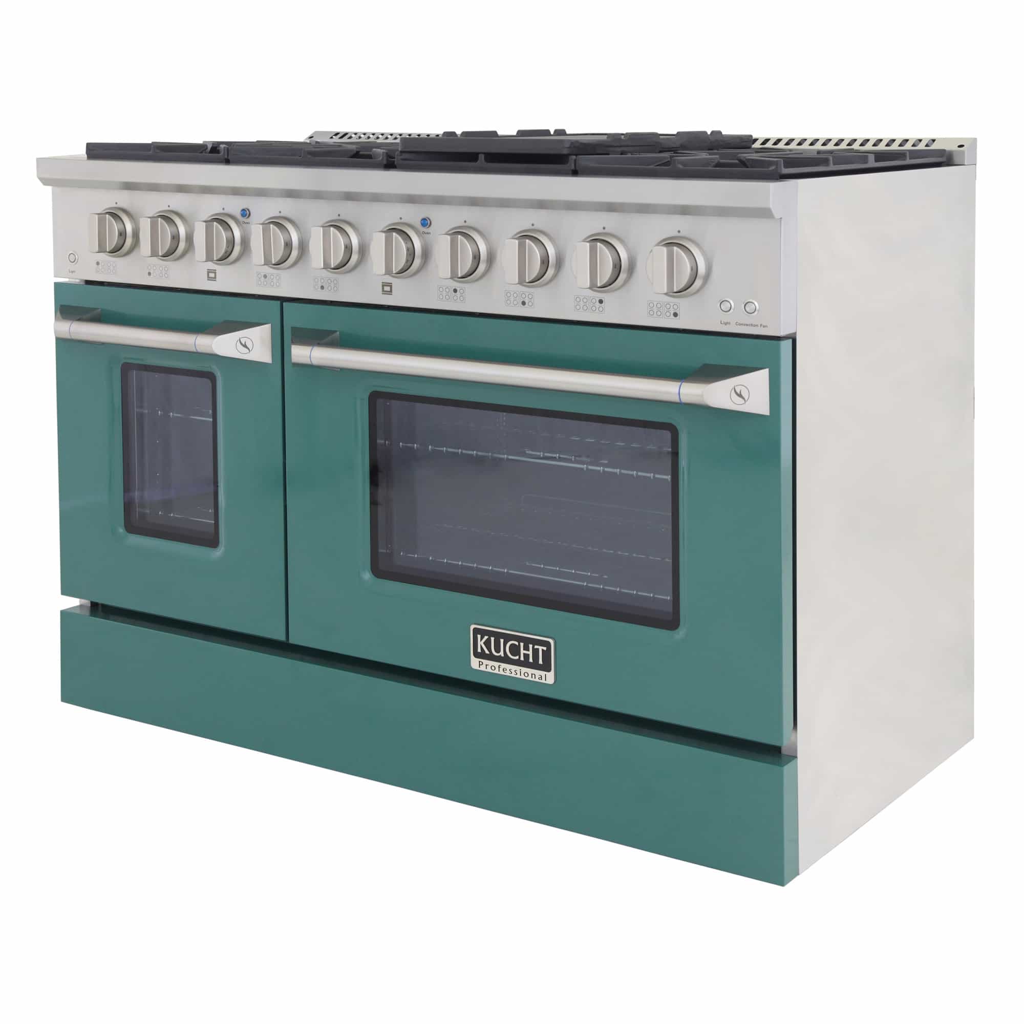 Green dual oven doors with window panels and stainless top on a pro-style range
