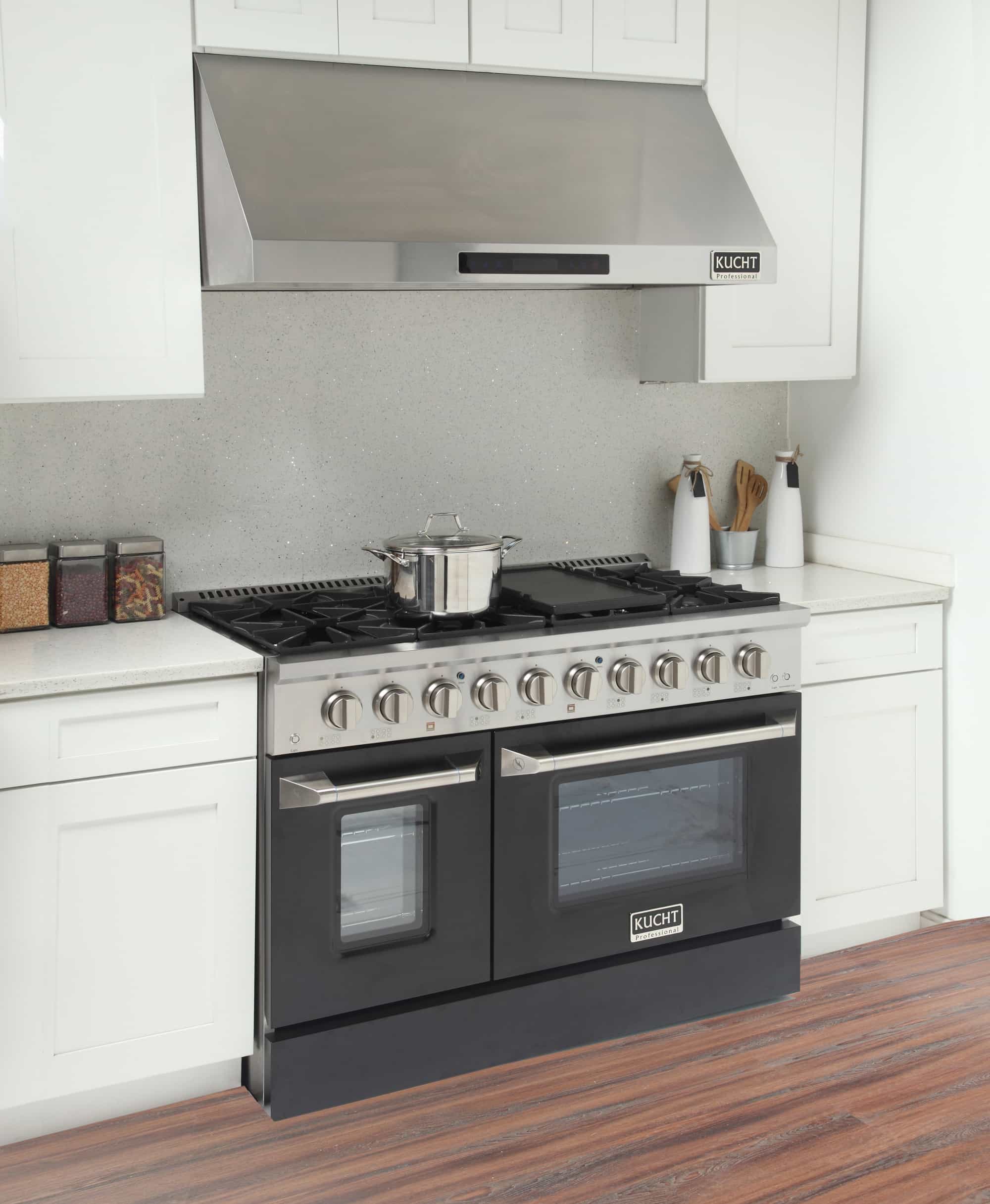 Pro-style dual fuel range with stainless top, black oven doors, and gas burners