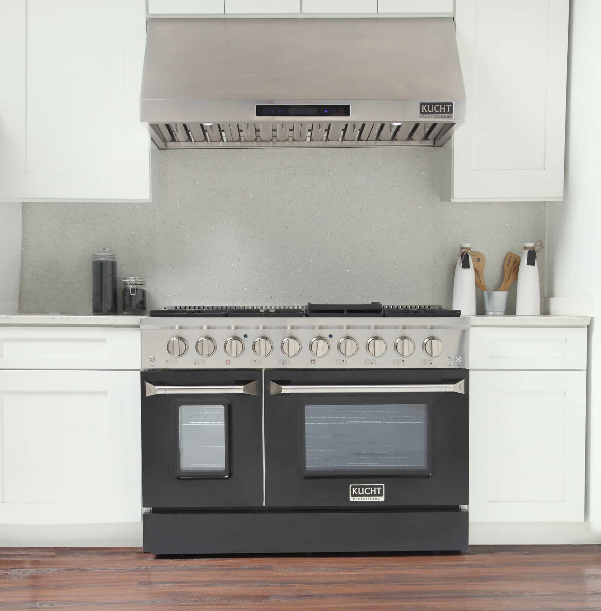 Stainless steel pro-style dual fuel range with black oven doors and burner knobs