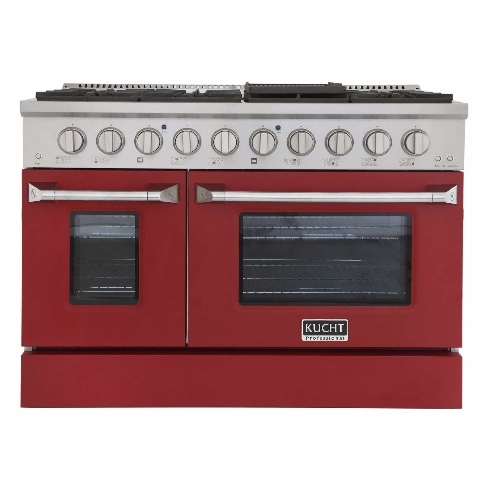 Stainless steel dual fuel range with red oven doors and front control knobs
