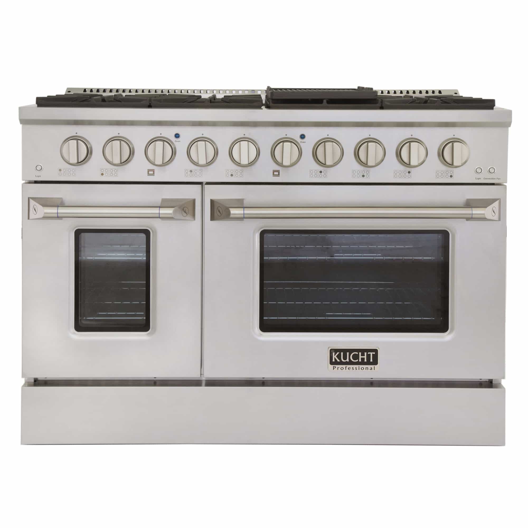 Stainless steel dual oven range with two doors, control knobs, and burner grates