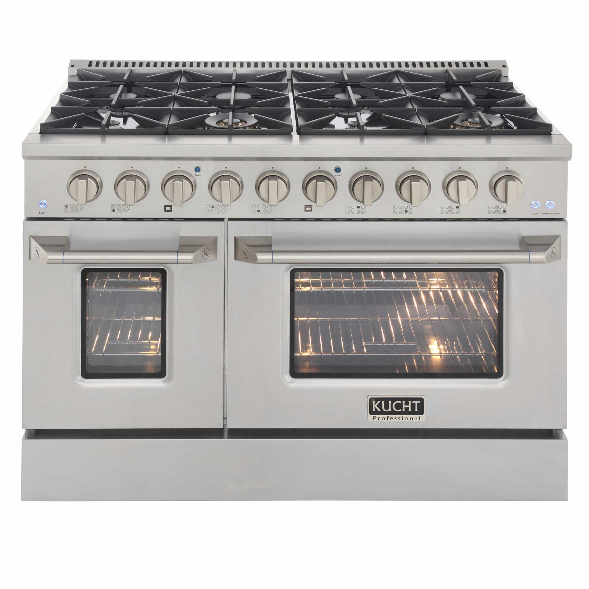 Dual oven range front view with two lit glass doors and eight control knobs
