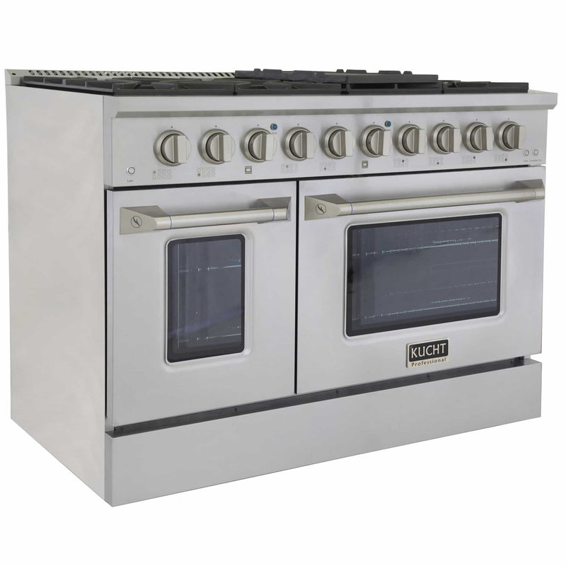 Kucht 4-Piece Appliance Package - 48-Inch Dual Fuel Range, Refrigerator, Wall Mount Hood, & Dishwasher in Stainless Steel