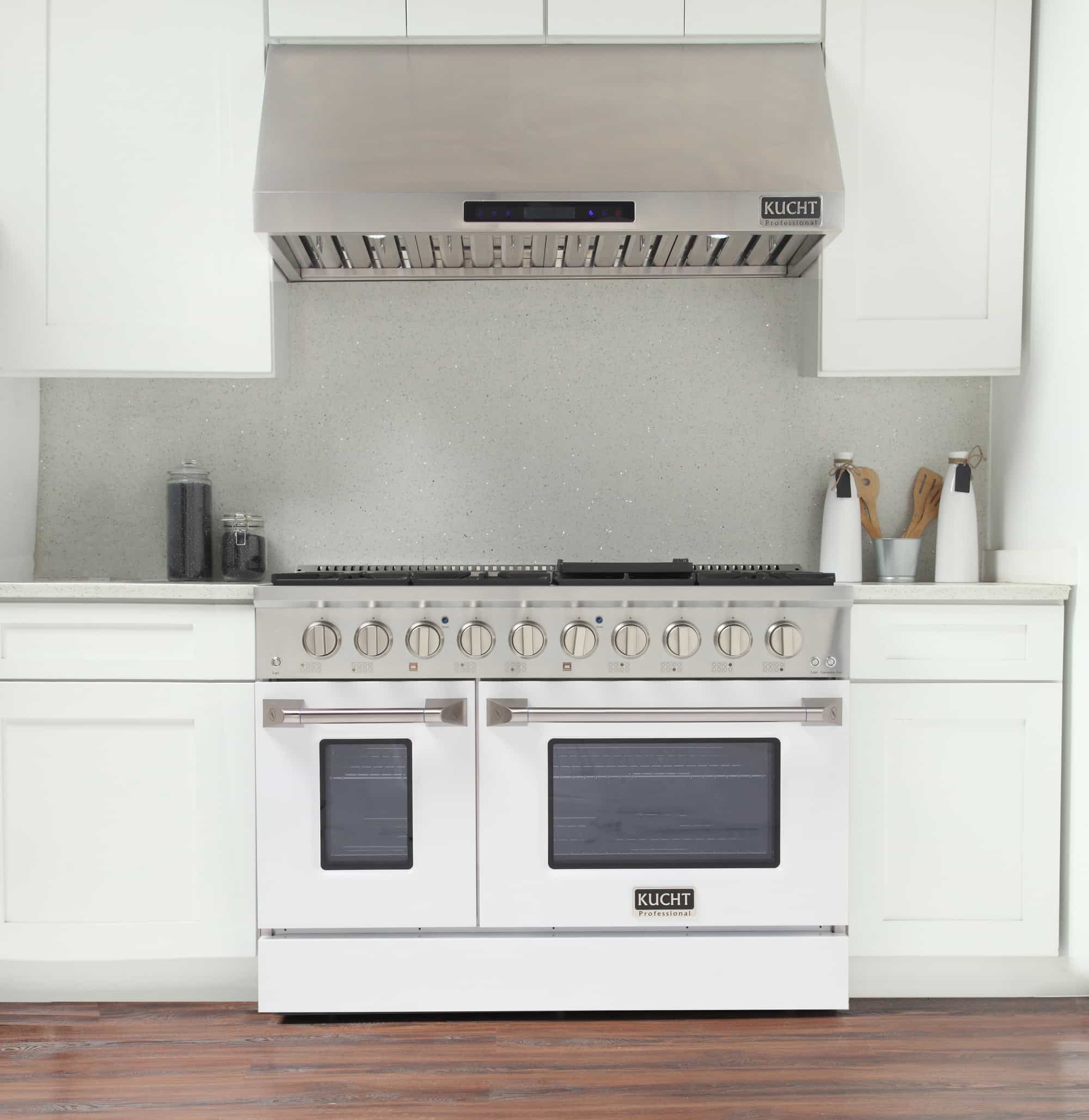 Stainless steel pro-style dual fuel range with grates, white oven doors, and display windows