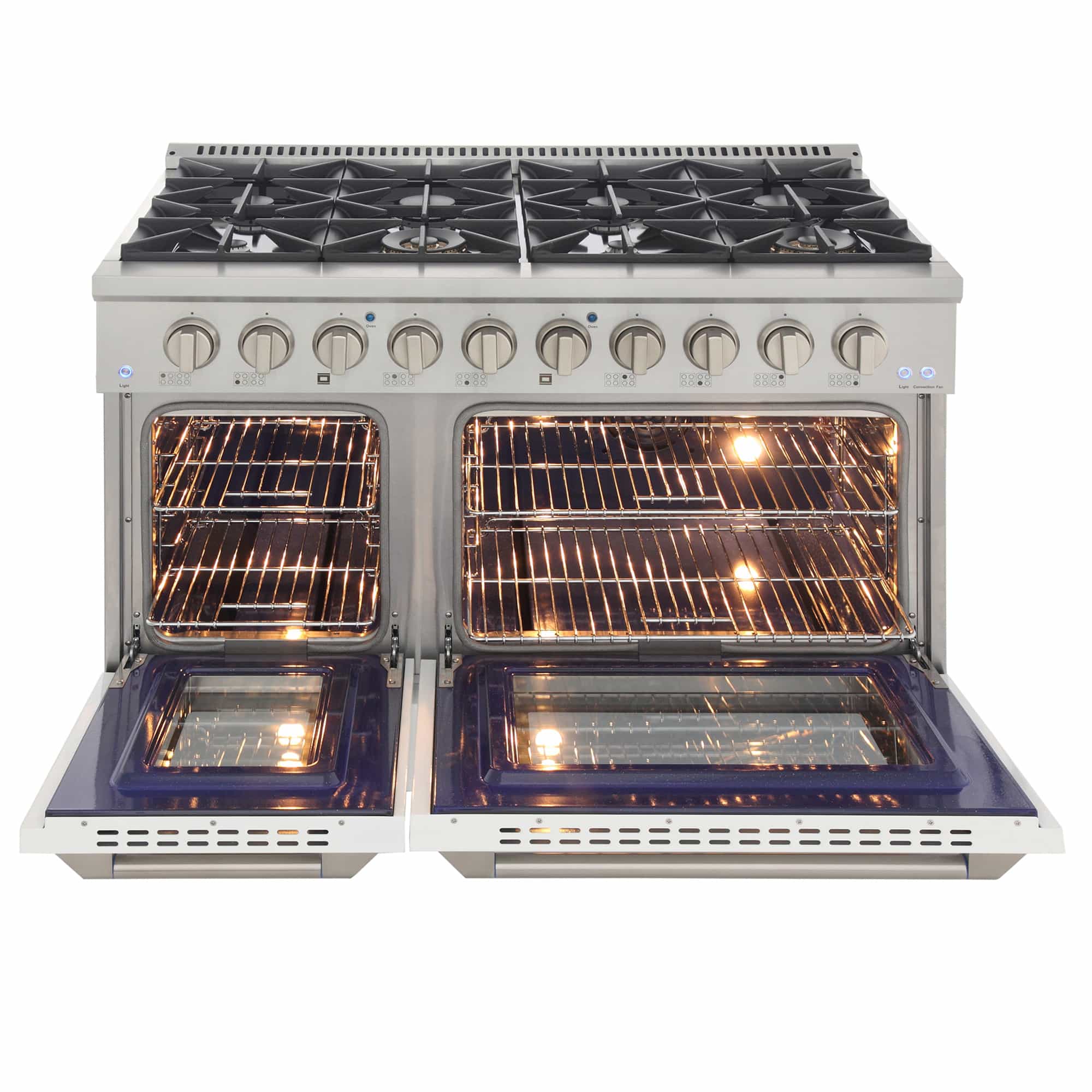 Dual fuel range with two ovens open, lit racks, and white-and-stainless control panel