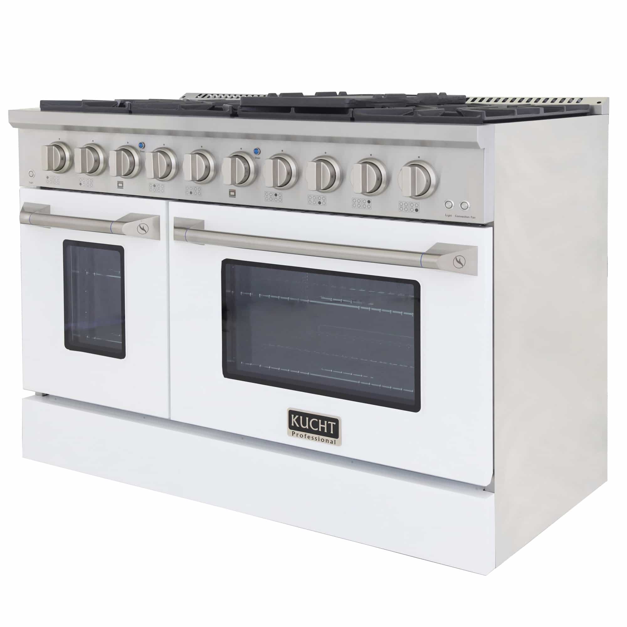 Dual fuel range with stainless cooktop, white doors, glass oven window, and knobs